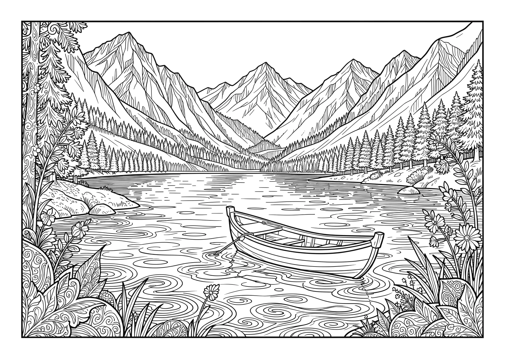 Ausmalbild See im Sommer mit Boot und Bergen - Ausmalbild aus der Kategorie Natur - kostenlos ausdrucken