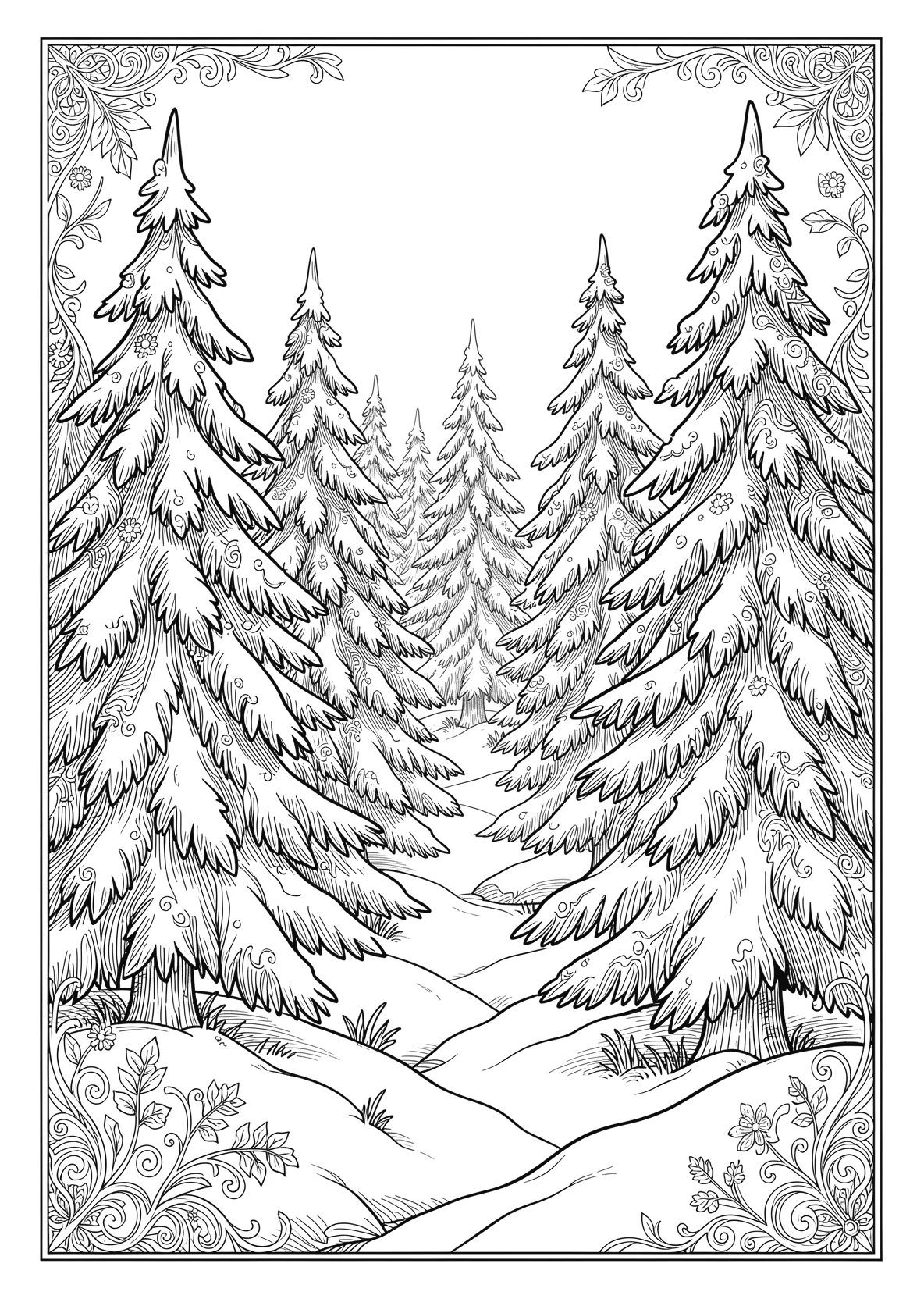 Ausmalbild Verschneiter Wald mit Tannenbäumen - Ausmalbild aus der Kategorie Natur - kostenlos ausdrucken