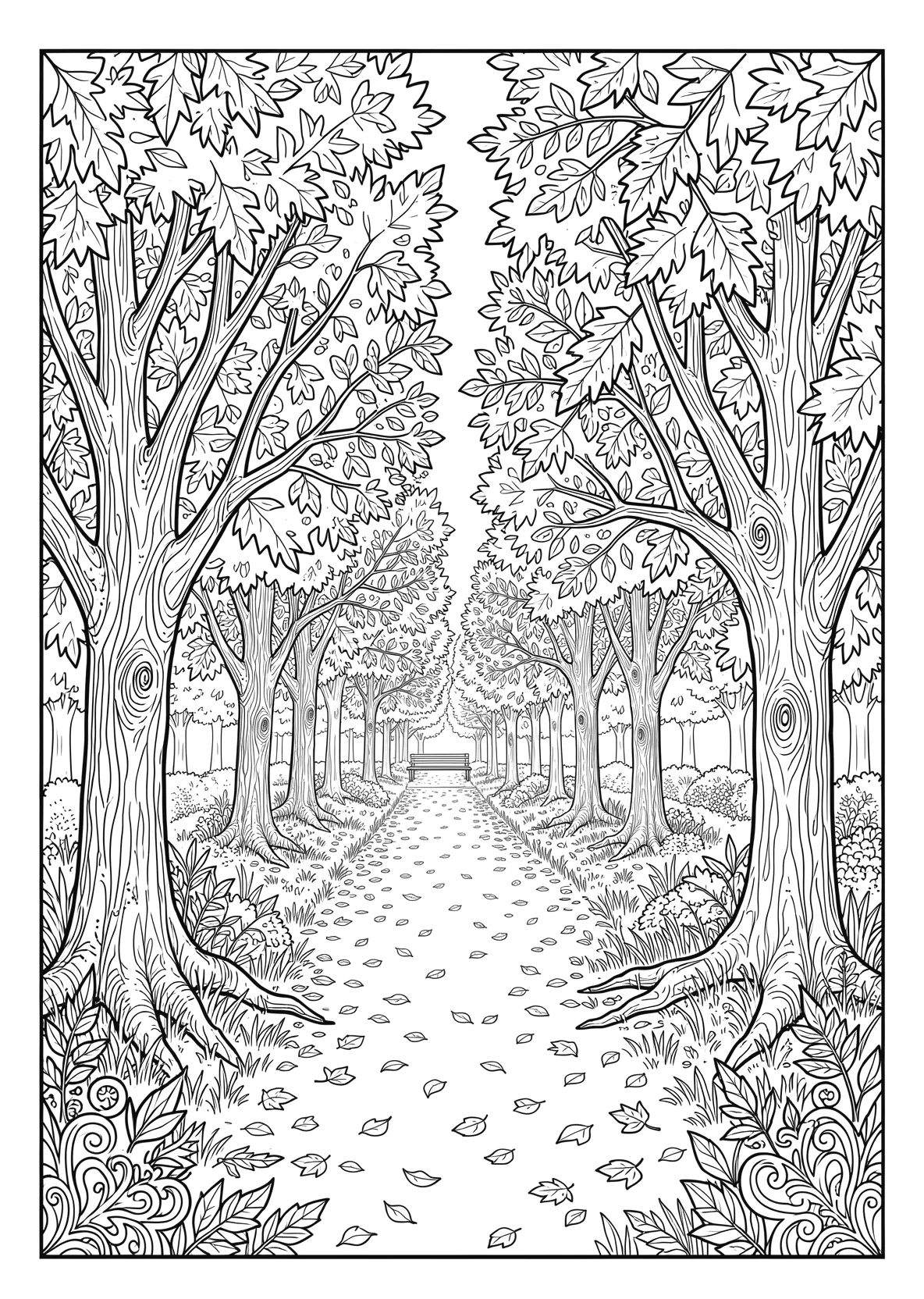 Ausmalbild Park im Herbst mit Bäumen und Blättern - Ausmalbild aus der Kategorie Natur - kostenlos ausdrucken