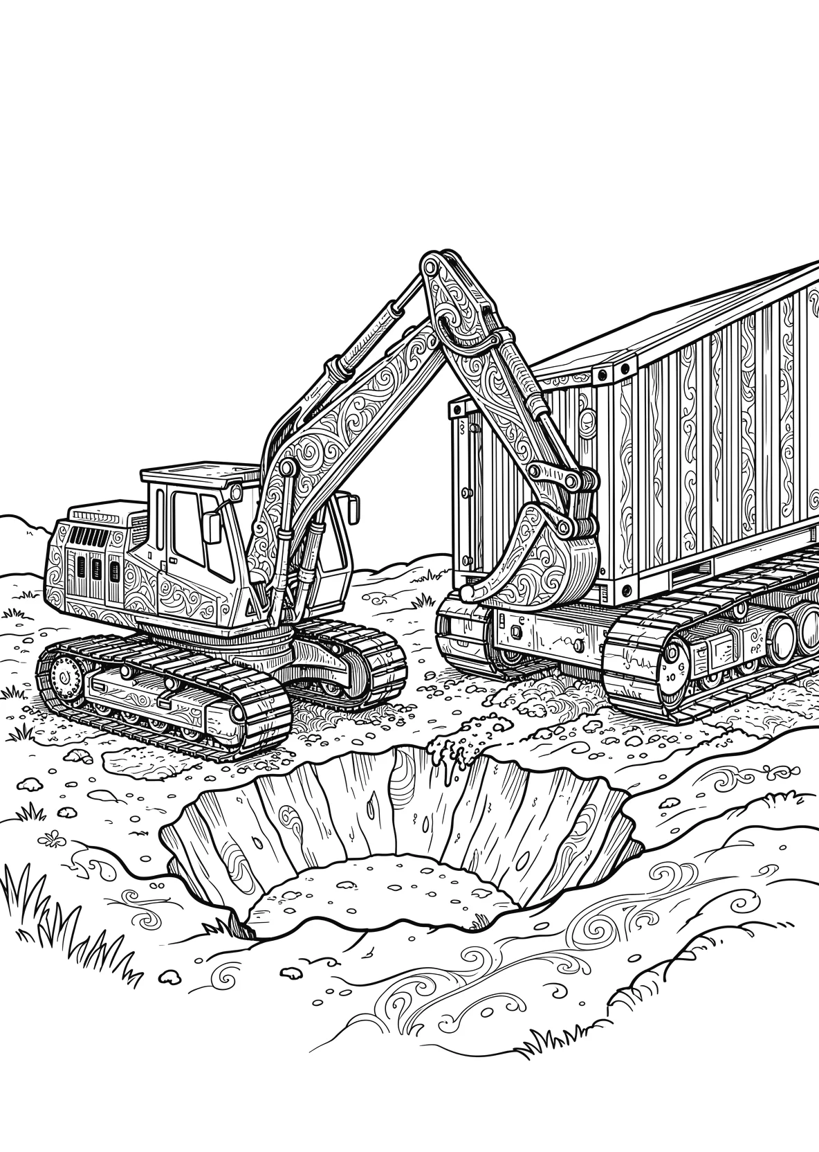 Ausmalbild Bagger gräbt ein Loch neben einem Baucontainer - Ausmalbild aus der Kategorie Fahrzeuge - kostenlos ausdrucken