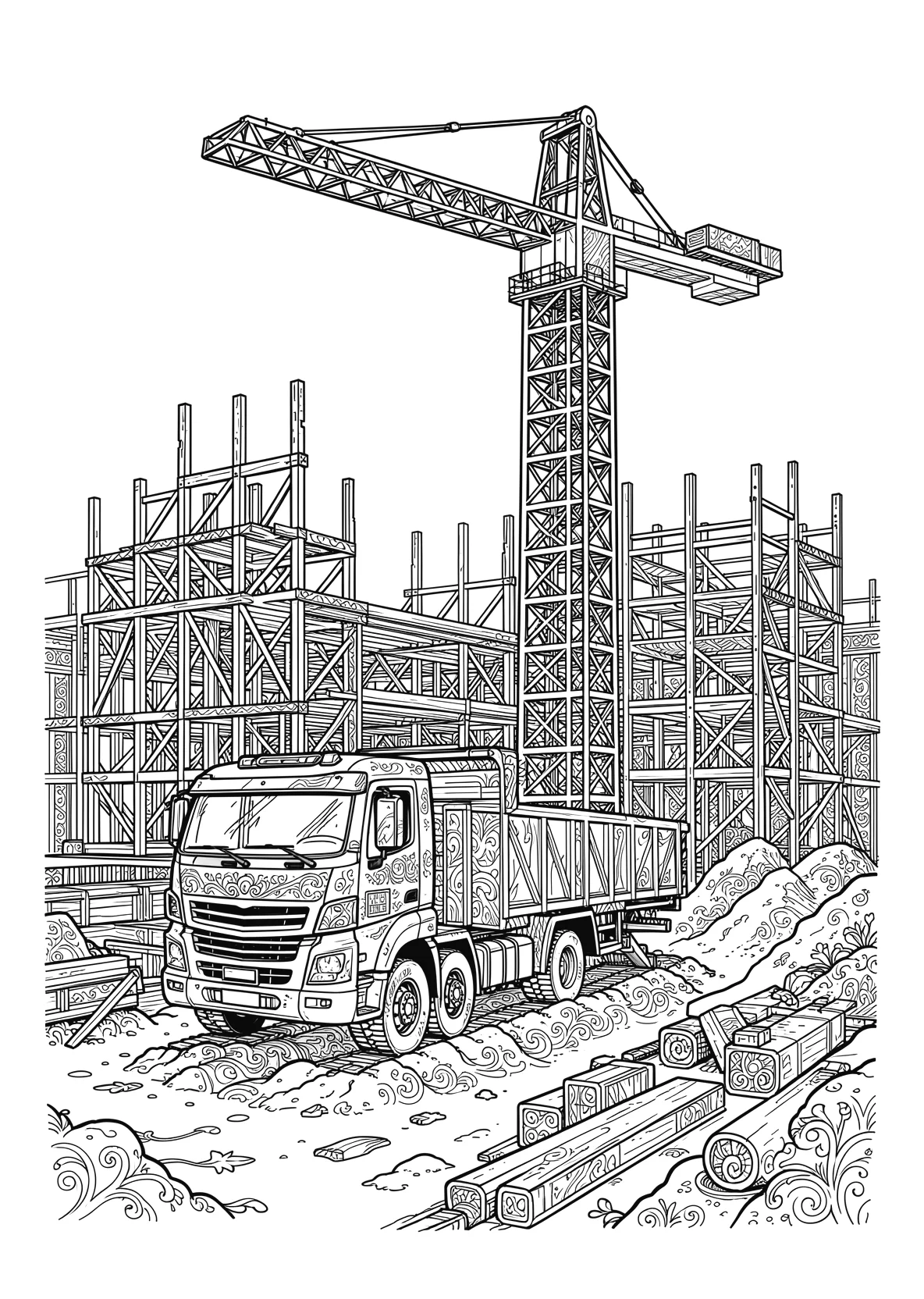 Ausmalbild Baustelle mit LKW, Kran und Baugerüst - Ausmalbild aus der Kategorie Berufe - kostenlos ausdrucken