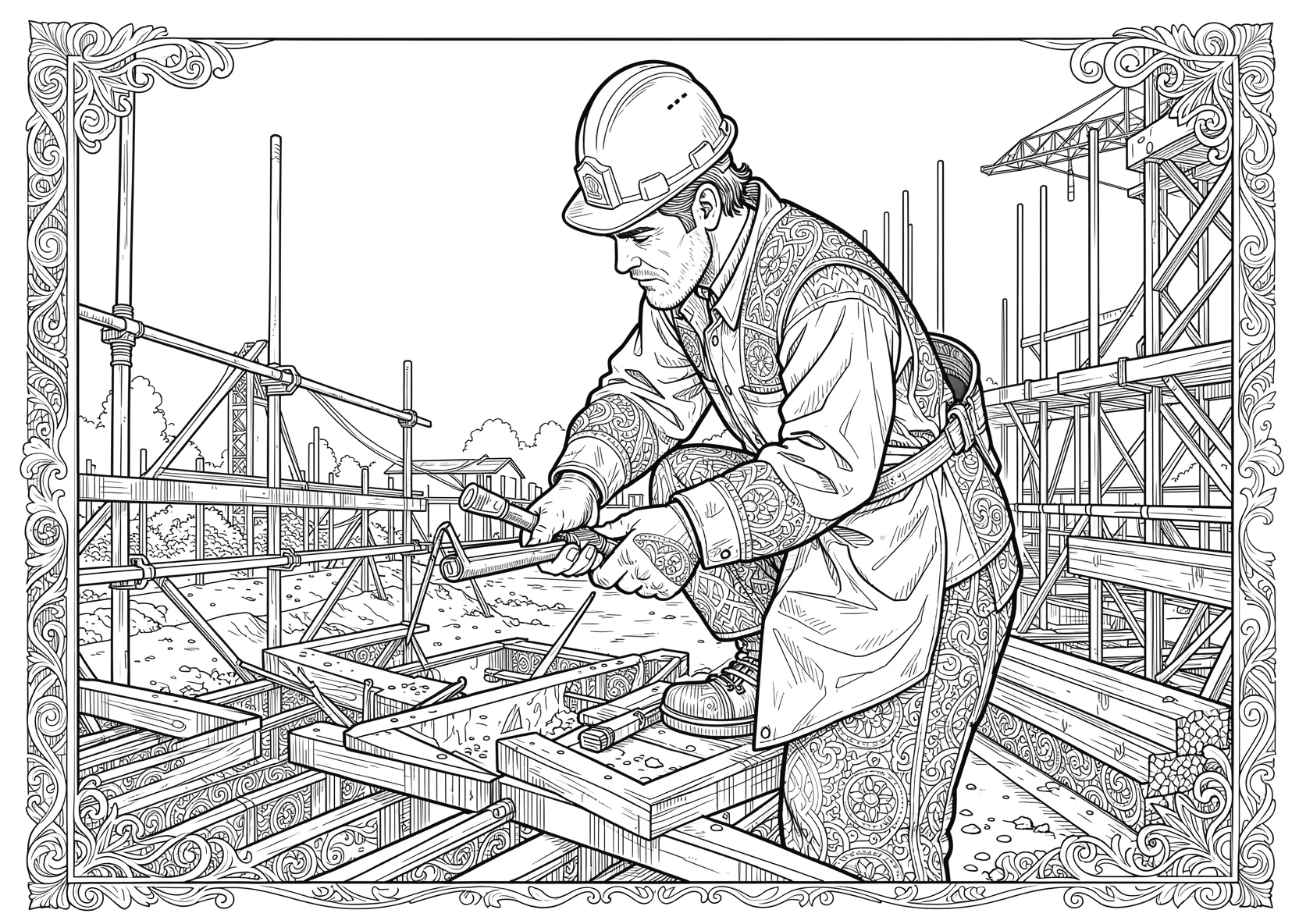 Ausmalbild Bauarbeiter arbeitet mit Werkzeug auf einer - Ausmalbild aus der Kategorie Berufe - kostenlos ausdrucken