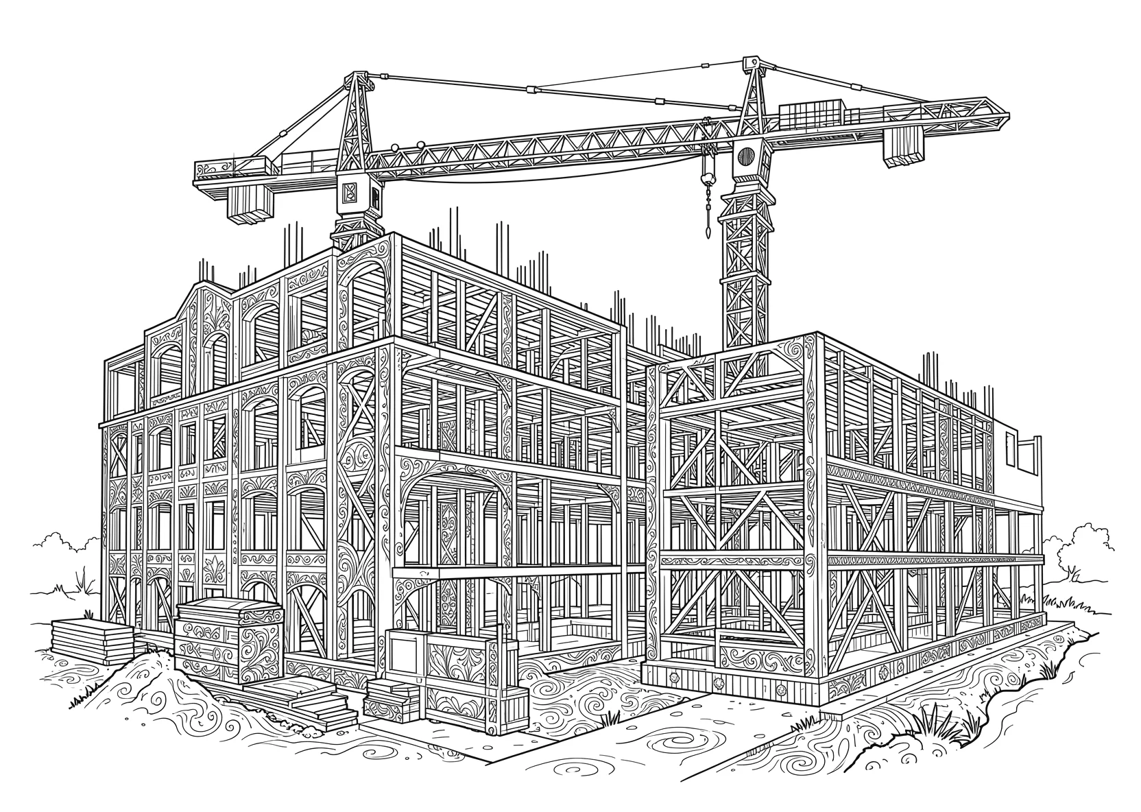 Ausmalbild Kran steht neben einem halbfertigen Gebäude - Ausmalbild aus der Kategorie Fahrzeuge - kostenlos ausdrucken