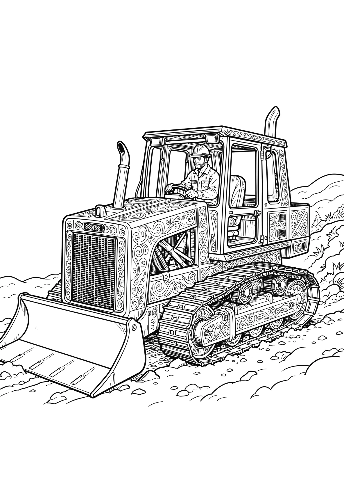 Ausmalbild Bauarbeiter fährt einen Bulldozer - Ausmalbild aus der Kategorie Fahrzeuge - kostenlos ausdrucken