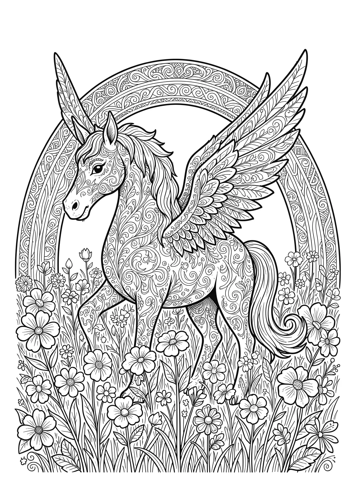 Ausmalbild Einhorn auf einer Blumenwiese mit Regenbogen - Ausmalbild aus der Kategorie Natur - kostenlos ausdrucken