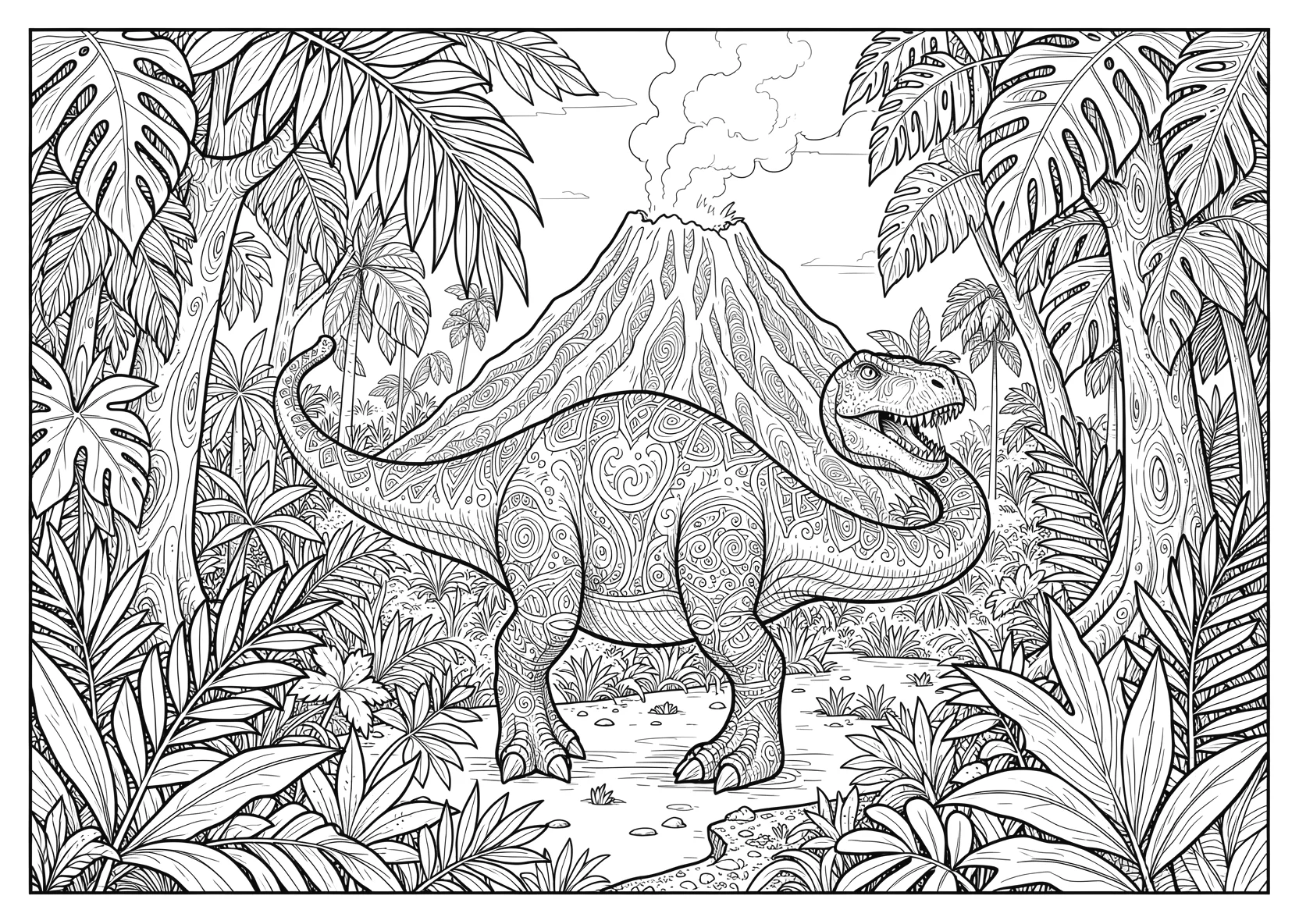 Ausmalbild Dinosaurier im Dschungel mit Vulkan - Ausmalbild aus der Kategorie Tiere - kostenlos ausdrucken