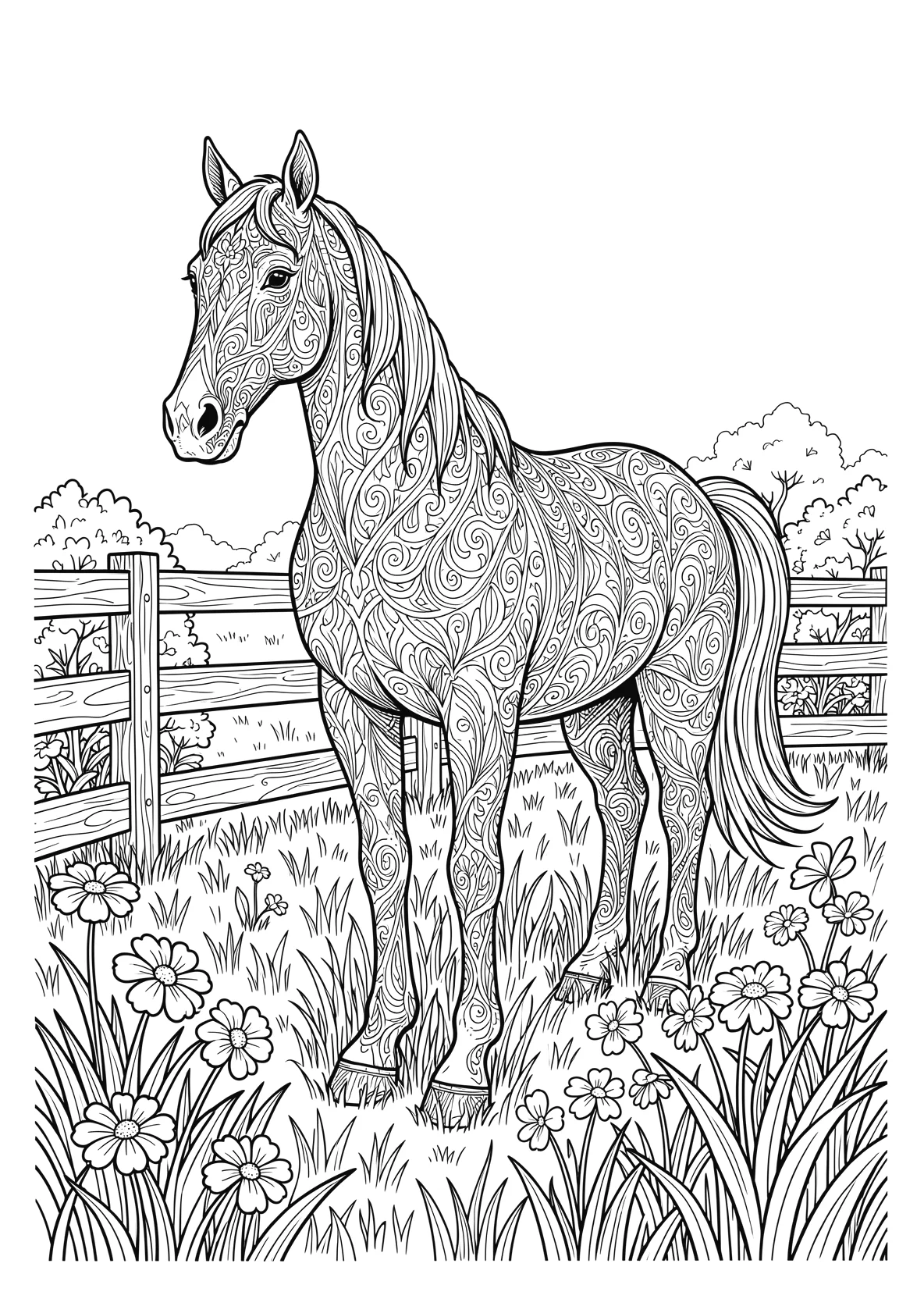 Ausmalbild Pferd auf einer Wiese mit Zaun und Blumen - Ausmalbild aus der Kategorie Tiere - kostenlos ausdrucken