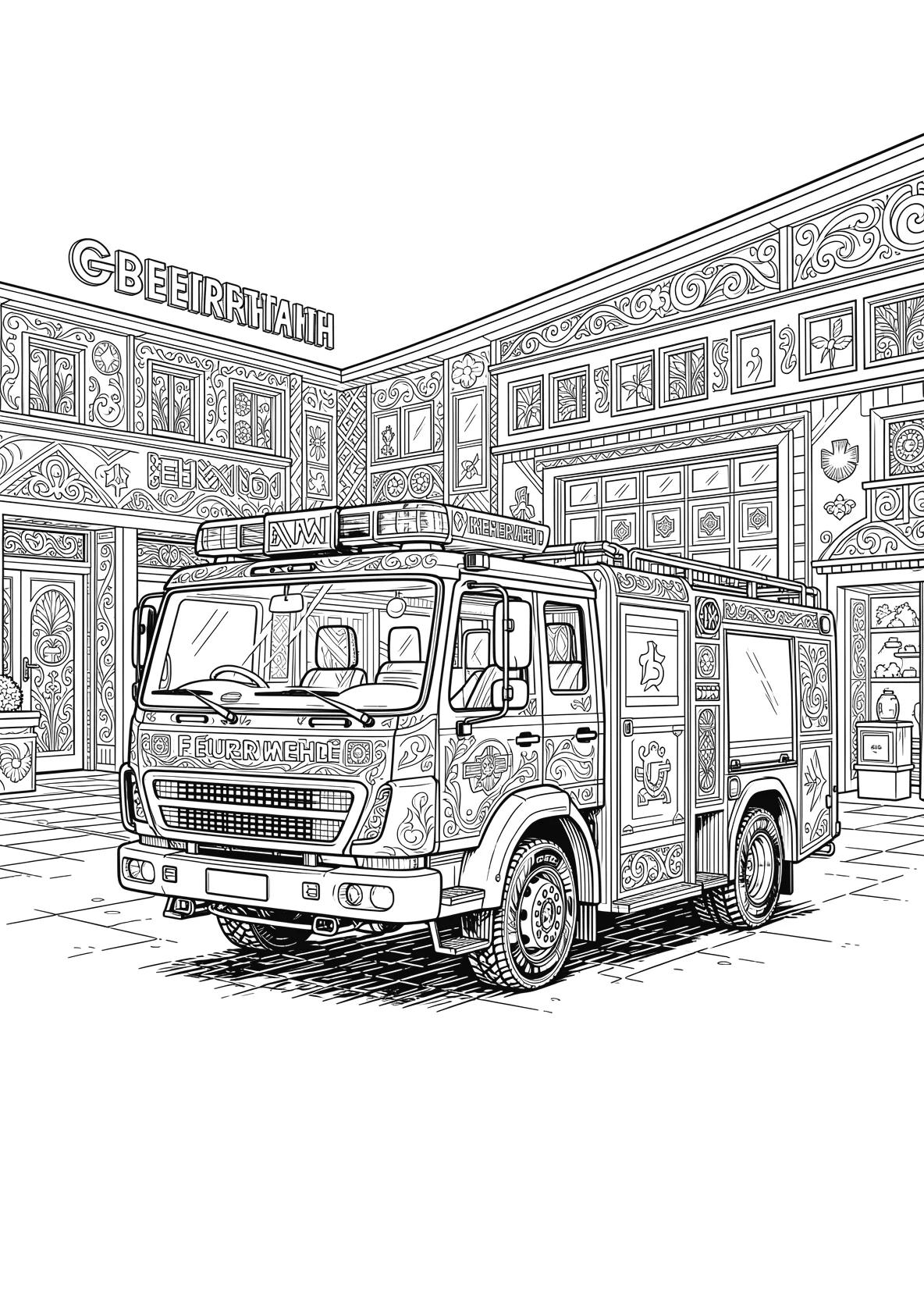 Ausmalbild Feuerwehrauto vor einer Feuerwehrstation - Ausmalbild aus der Kategorie Fahrzeuge - kostenlos ausdrucken