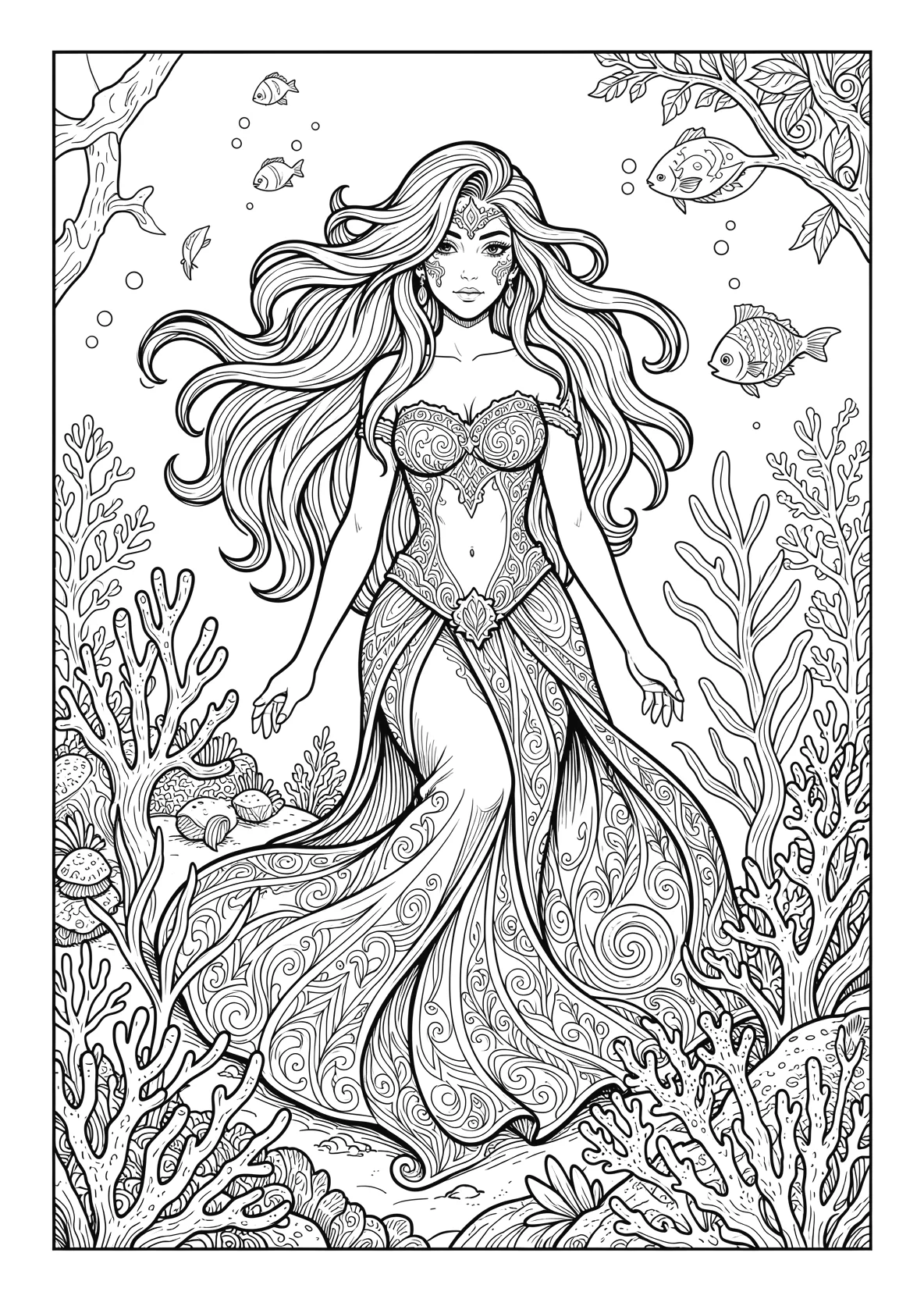 Ausmalbild Meerjungfrau im Meer mit Korallen - Ausmalbild aus der Kategorie Maerchen - kostenlos ausdrucken