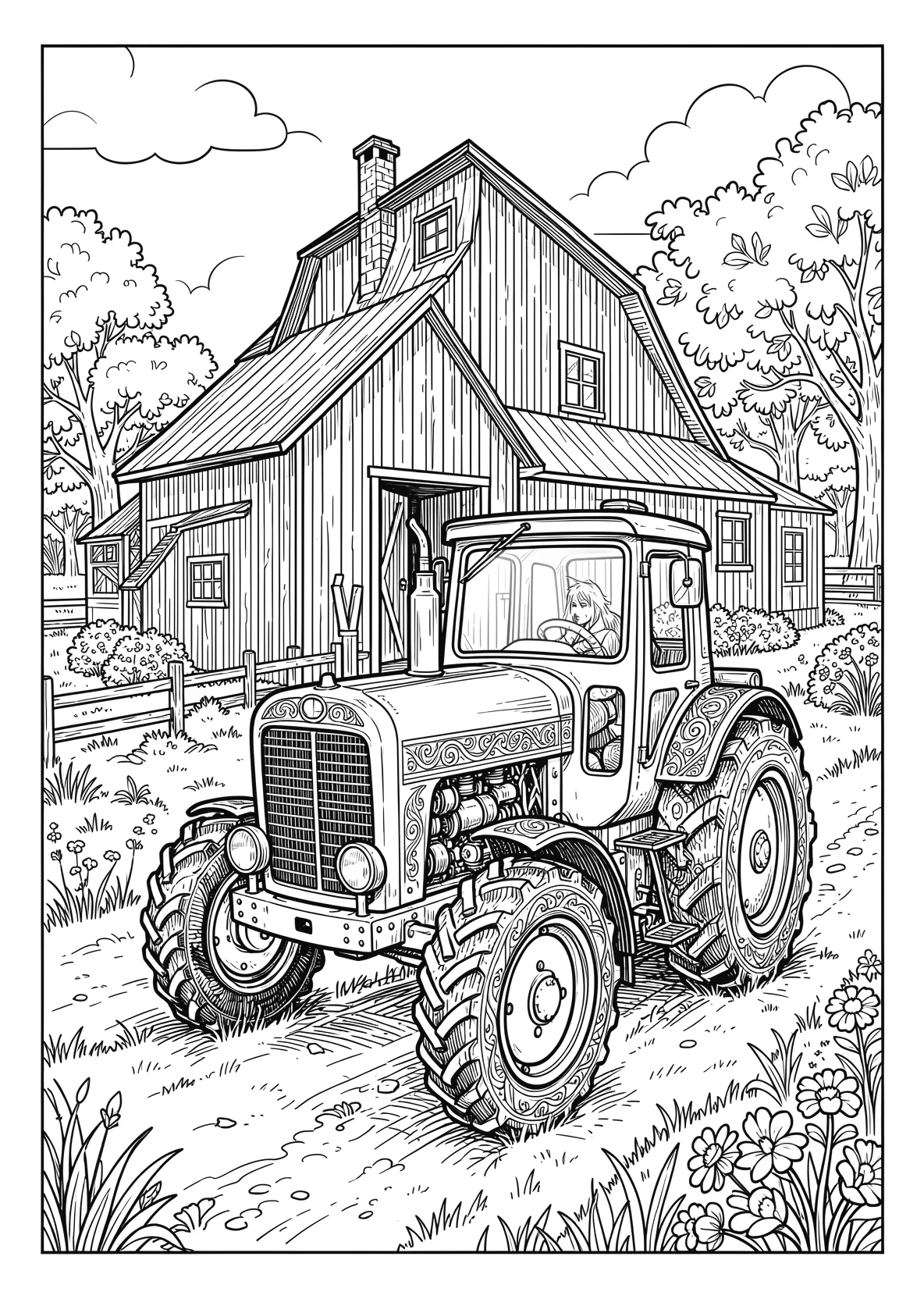 Ausmalbild Traktor auf einem Bauernhof mit Scheune - Ausmalbild aus der Kategorie Tiere - kostenlos ausdrucken