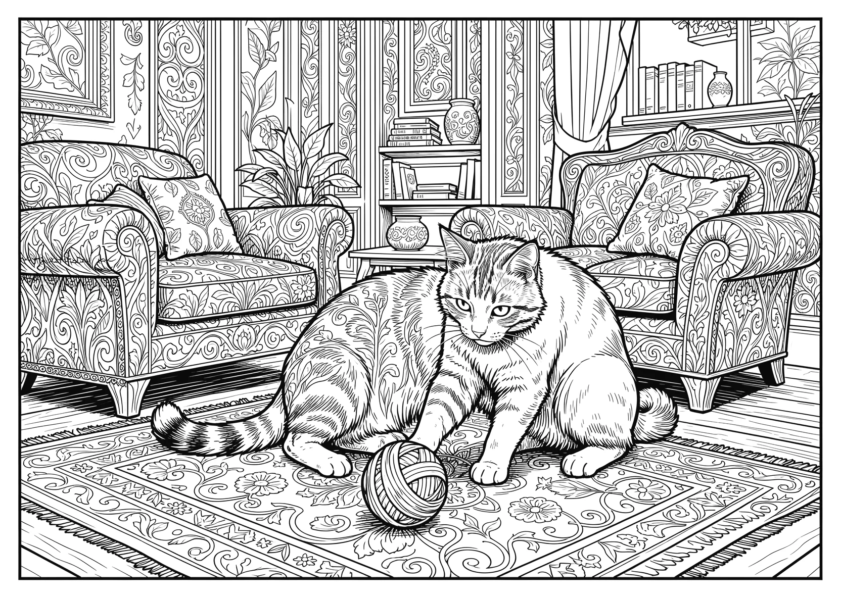 Ausmalbild Katze spielt mit einem Wollknäuel im Wohnzimmer - Ausmalbild aus der Kategorie Tiere - kostenlos ausdrucken