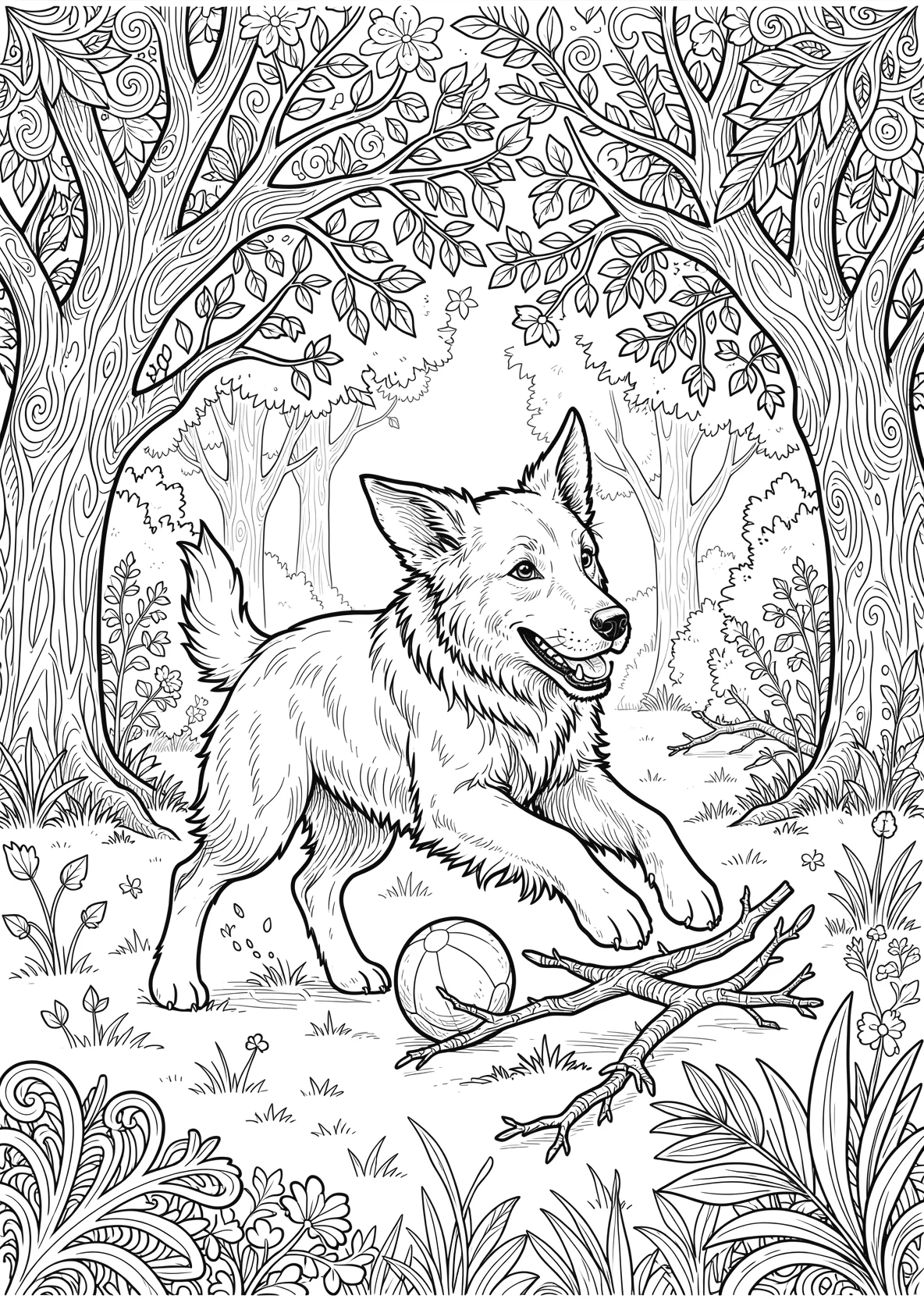 Ausmalbild Hund spielt im Park mit Ball und Ästen - Ausmalbild aus der Kategorie Tiere - kostenlos ausdrucken