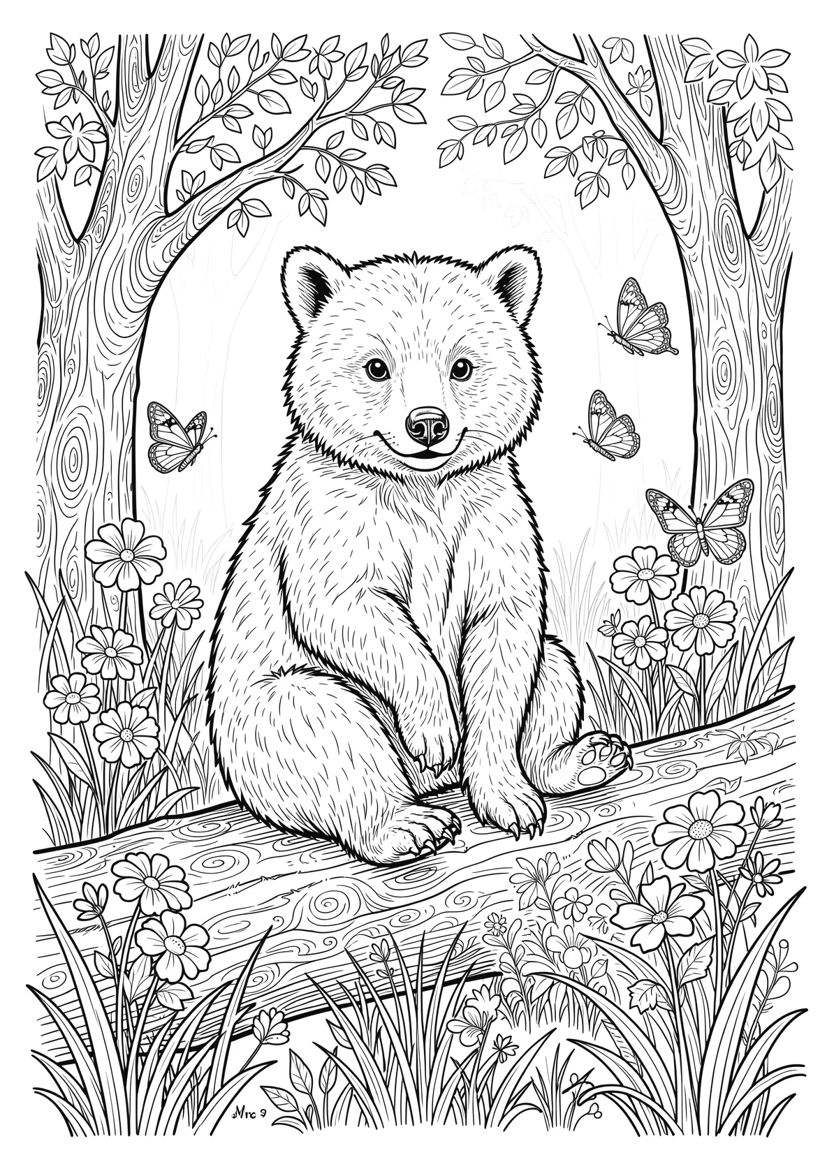 Ausmalbild Niedlicher Waschbär sitzt auf einem Baumstamm im - Ausmalbild aus der Kategorie Tiere - kostenlos ausdrucken