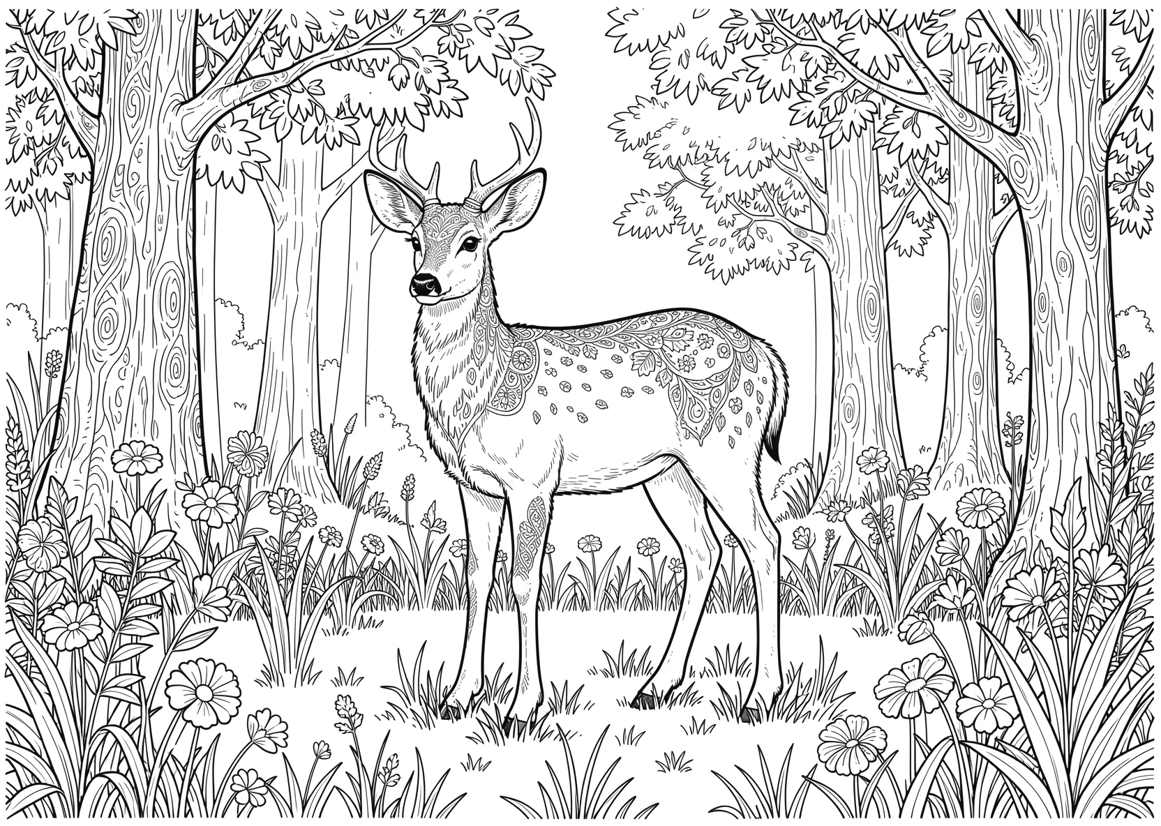 Ausmalbild Junges Reh steht auf einer Waldlichtung mit Blumen - Ausmalbild aus der Kategorie Natur - kostenlos ausdrucken