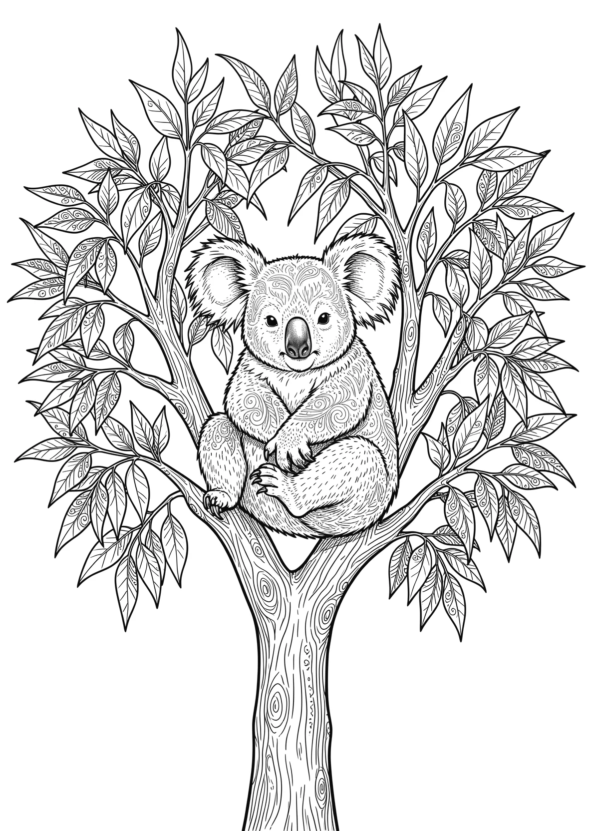 Ausmalbild Koala sitzt gemütlich auf einem Eukalyptusbaum - Ausmalbild aus der Kategorie Tiere - kostenlos ausdrucken