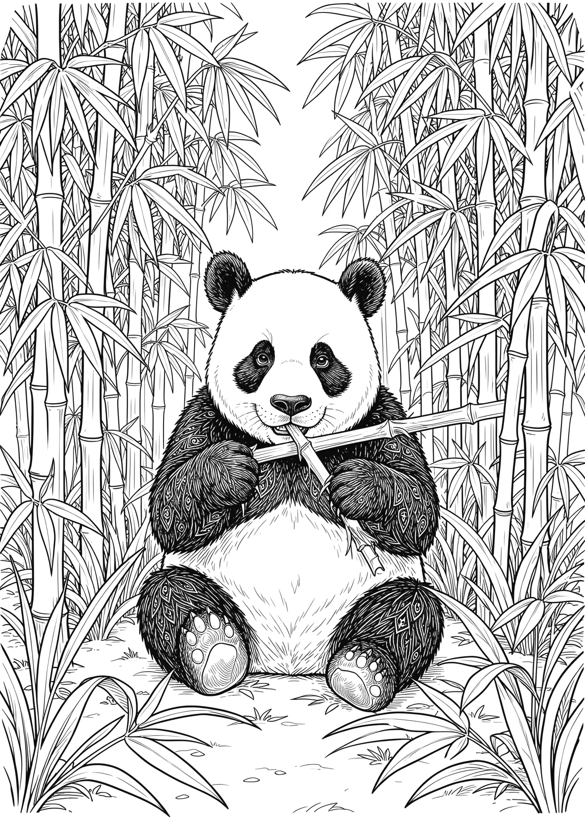 Ausmalbild Panda sitzt im Bambuswald - Ausmalbild aus der Kategorie Tiere - kostenlos ausdrucken