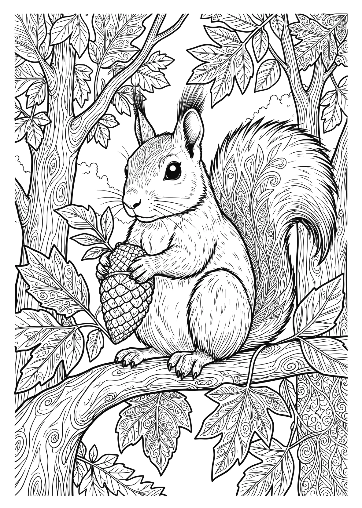 Ausmalbild Eichhörnchen sitzt auf einem Ast - Ausmalbild aus der Kategorie Tiere - kostenlos ausdrucken