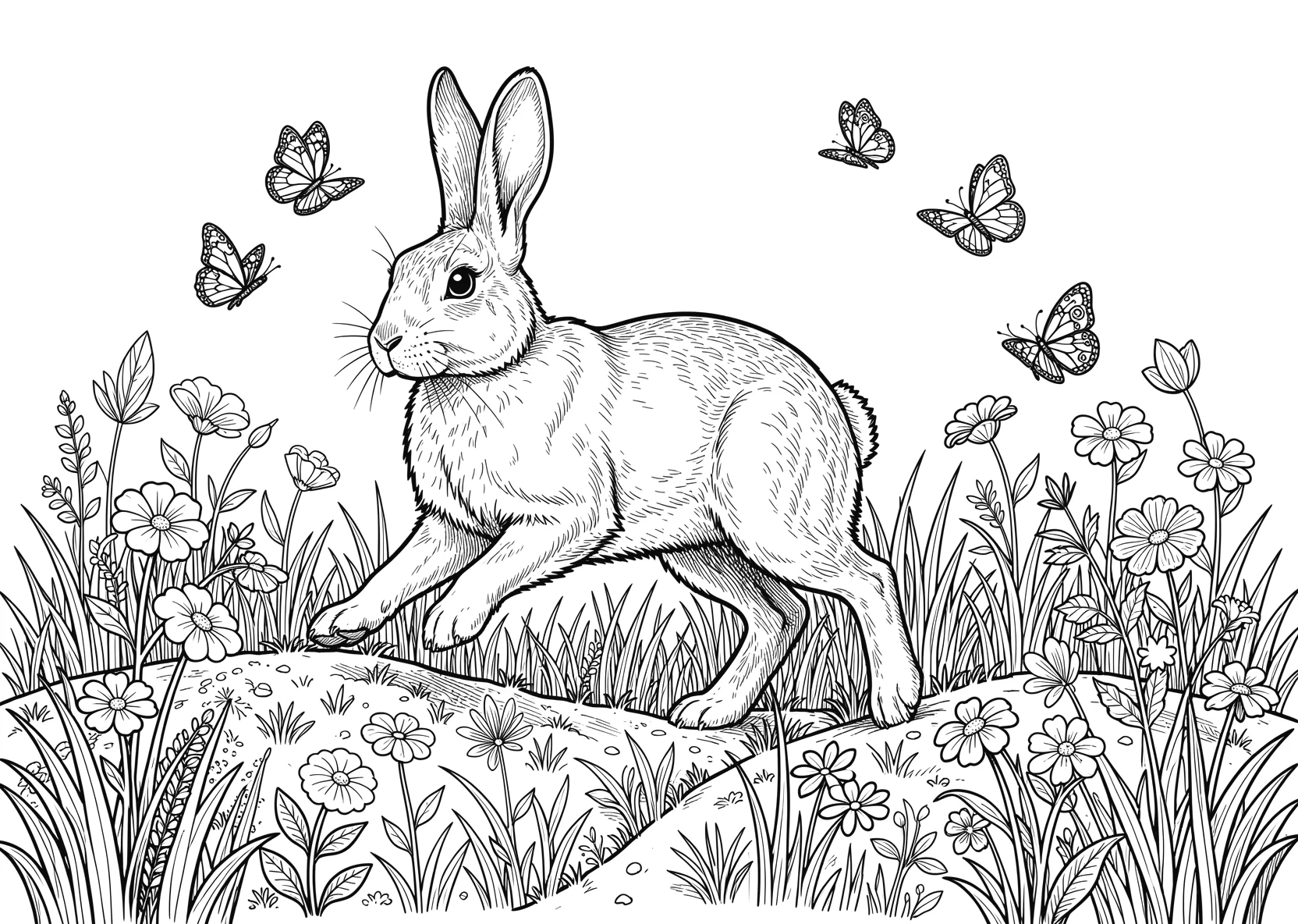 Ausmalbild Hase hüpft über eine Blumenwiese mit - Ausmalbild aus der Kategorie Tiere - kostenlos ausdrucken