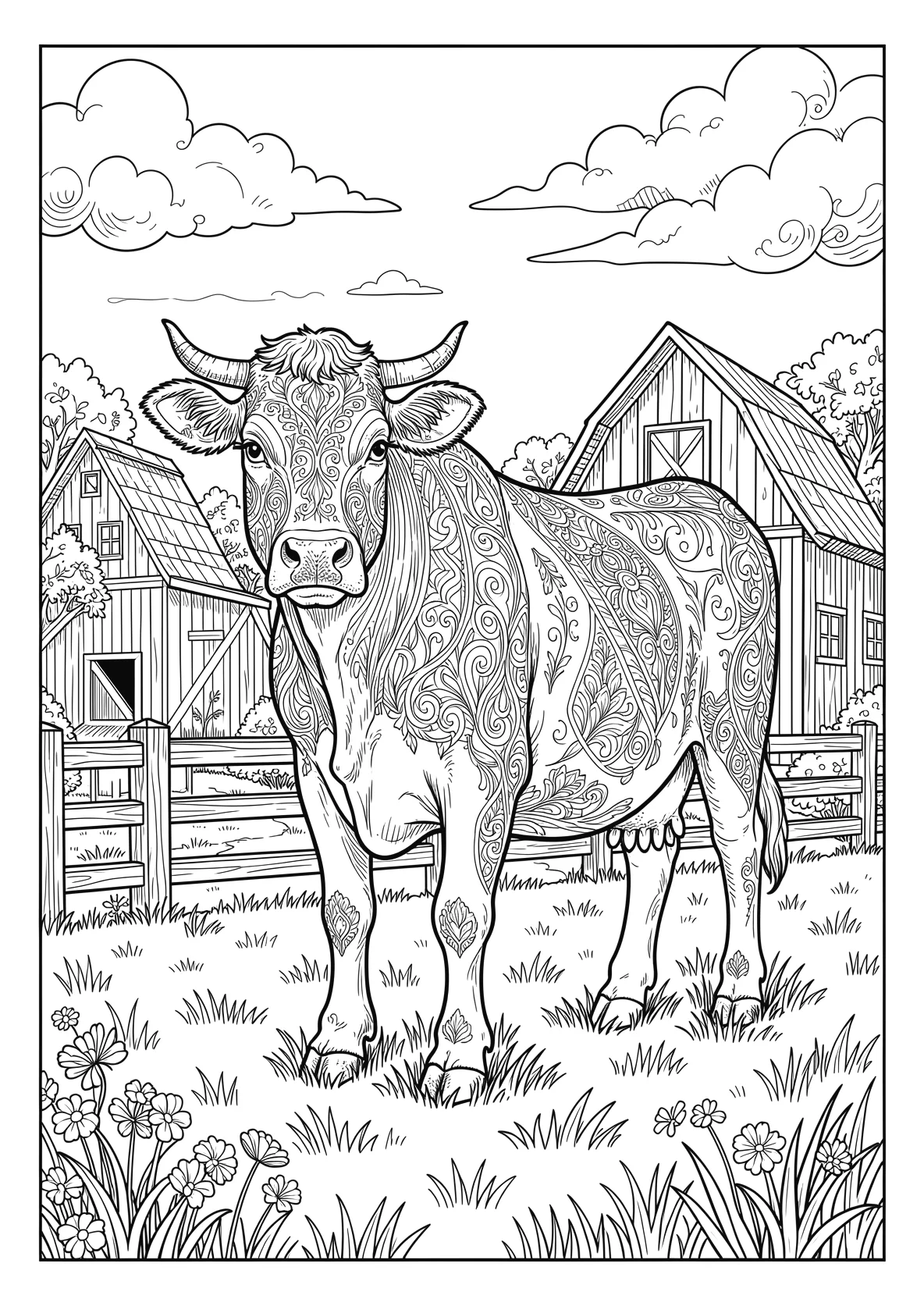 Ausmalbild Kuh steht auf einer grünen Wiese mit Scheune - Ausmalbild aus der Kategorie Natur - kostenlos ausdrucken