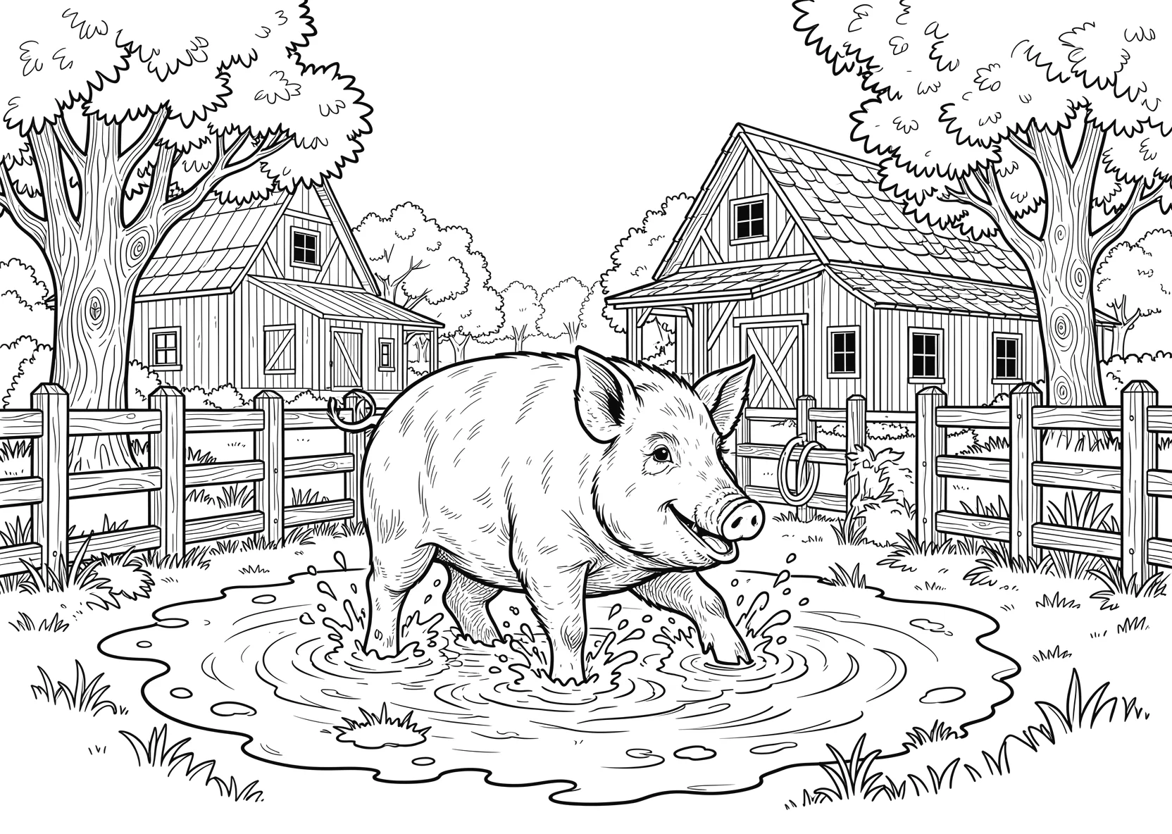 Ausmalbild Schwein spielt fröhlich im Schlamm mit Zaun - Ausmalbild aus der Kategorie Tiere - kostenlos ausdrucken