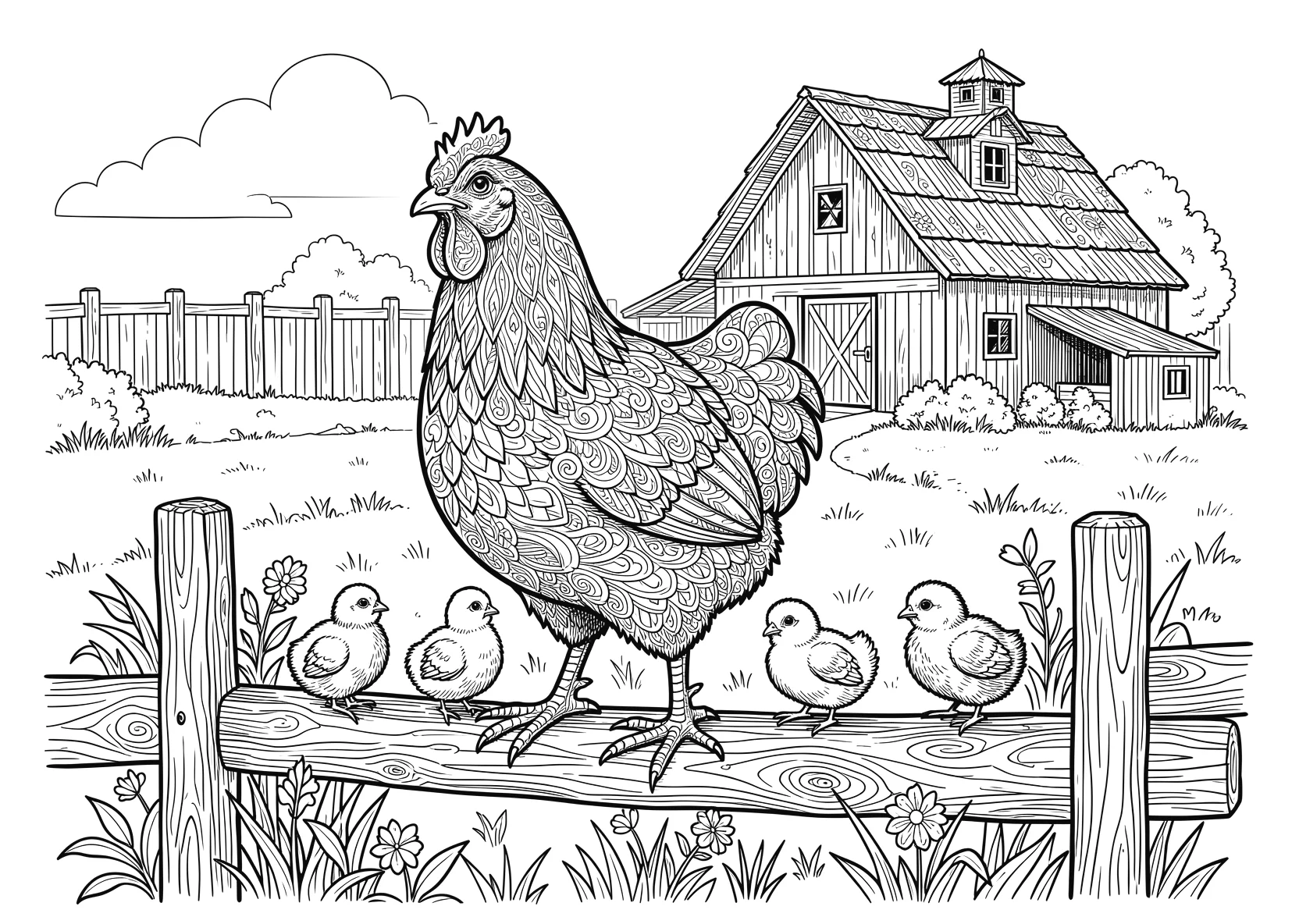 Ausmalbild Huhn sitzt auf einem Holzzaun mit Küken - Ausmalbild aus der Kategorie Tiere - kostenlos ausdrucken