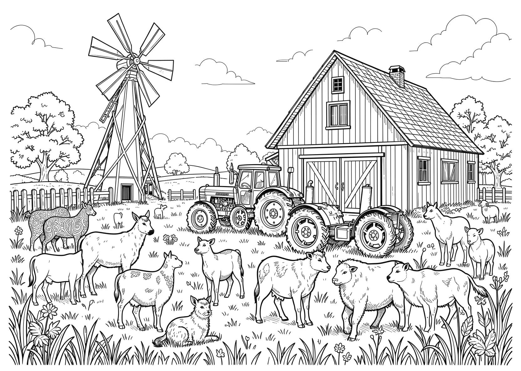 Ausmalbild Bauernhof mit Windrad - Ausmalbild aus der Kategorie Tiere - kostenlos ausdrucken