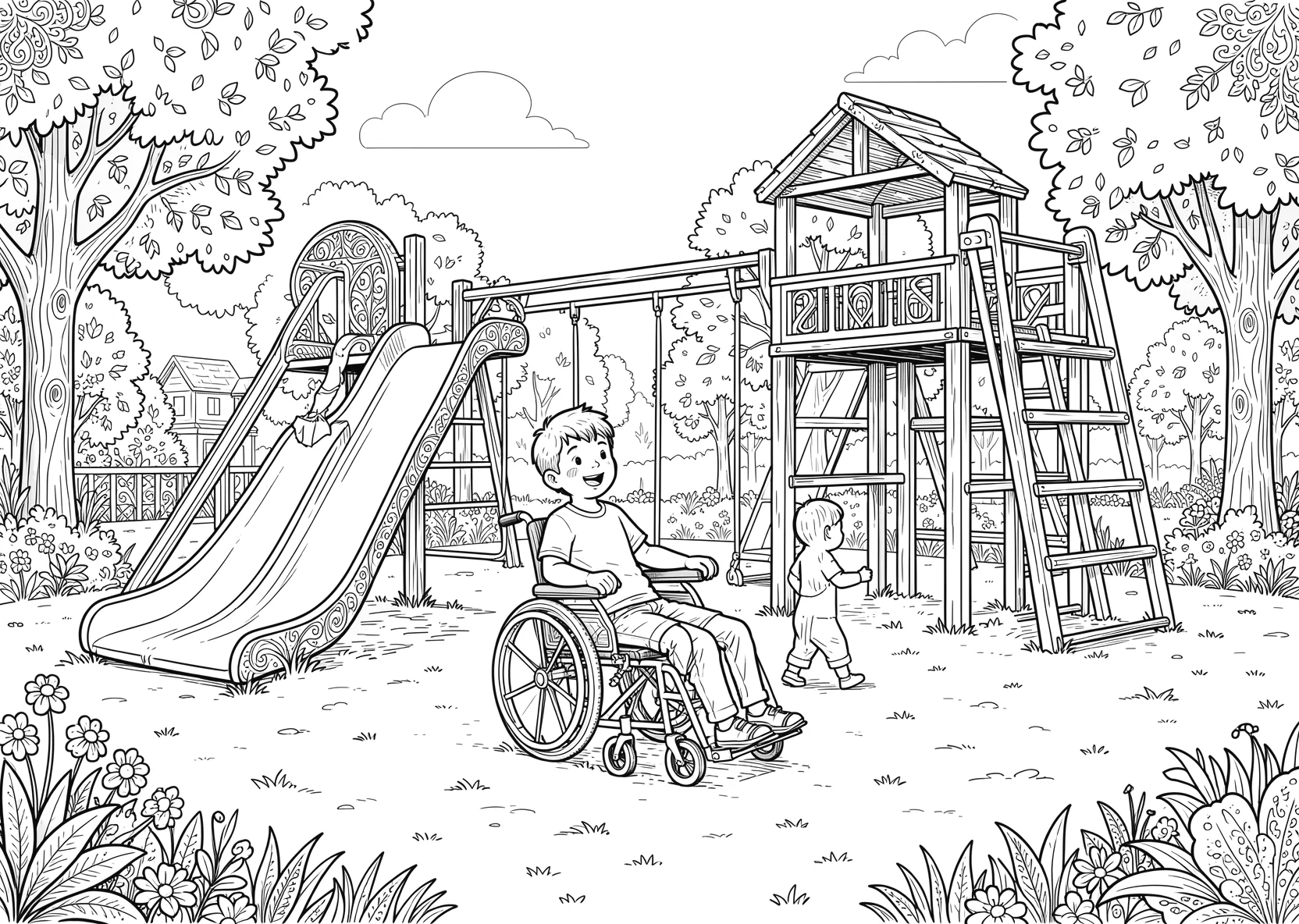 Ausmalbild Kinder spielen zusammen auf einem Spielplatz mit - Ausmalbild aus der Kategorie Berufe - kostenlos ausdrucken