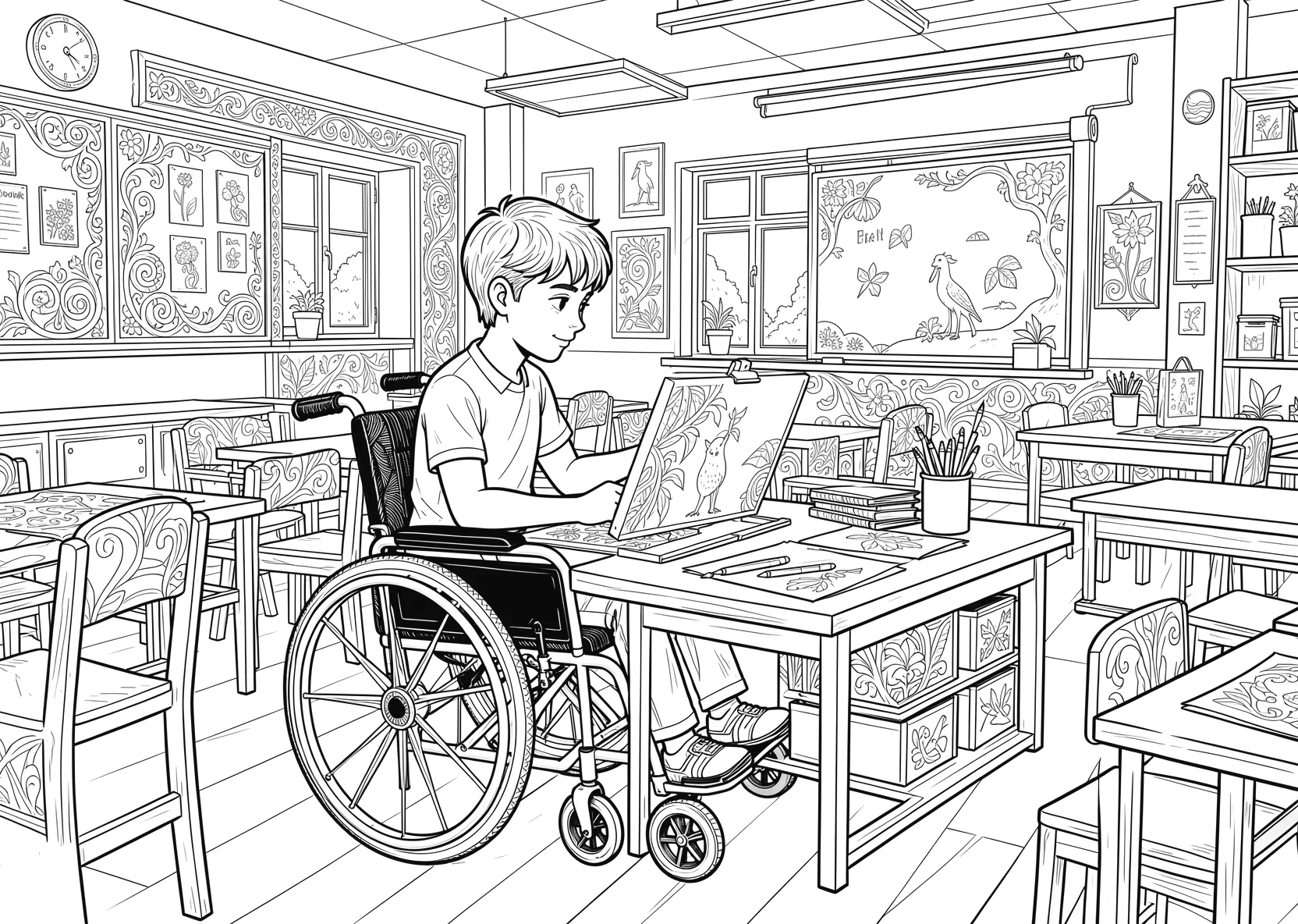 Ausmalbild Junge im Rollstuhl malt ein Bild an einem Tisch - Ausmalbild aus der Kategorie Berufe - kostenlos ausdrucken