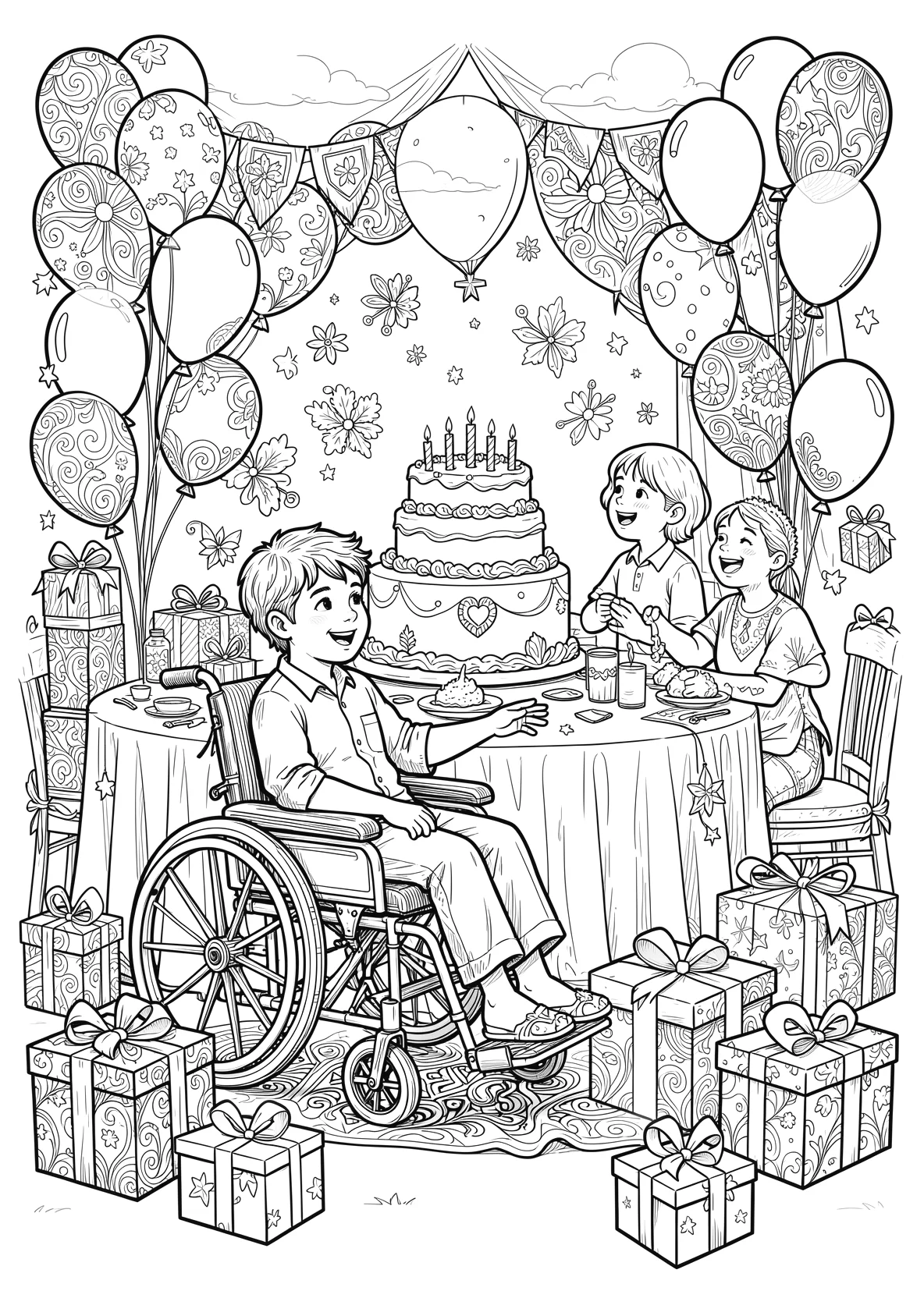 Ausmalbild Kinder feiern Geburtstag mit einem Kind im - Ausmalbild aus der Kategorie Feiertage - kostenlos ausdrucken