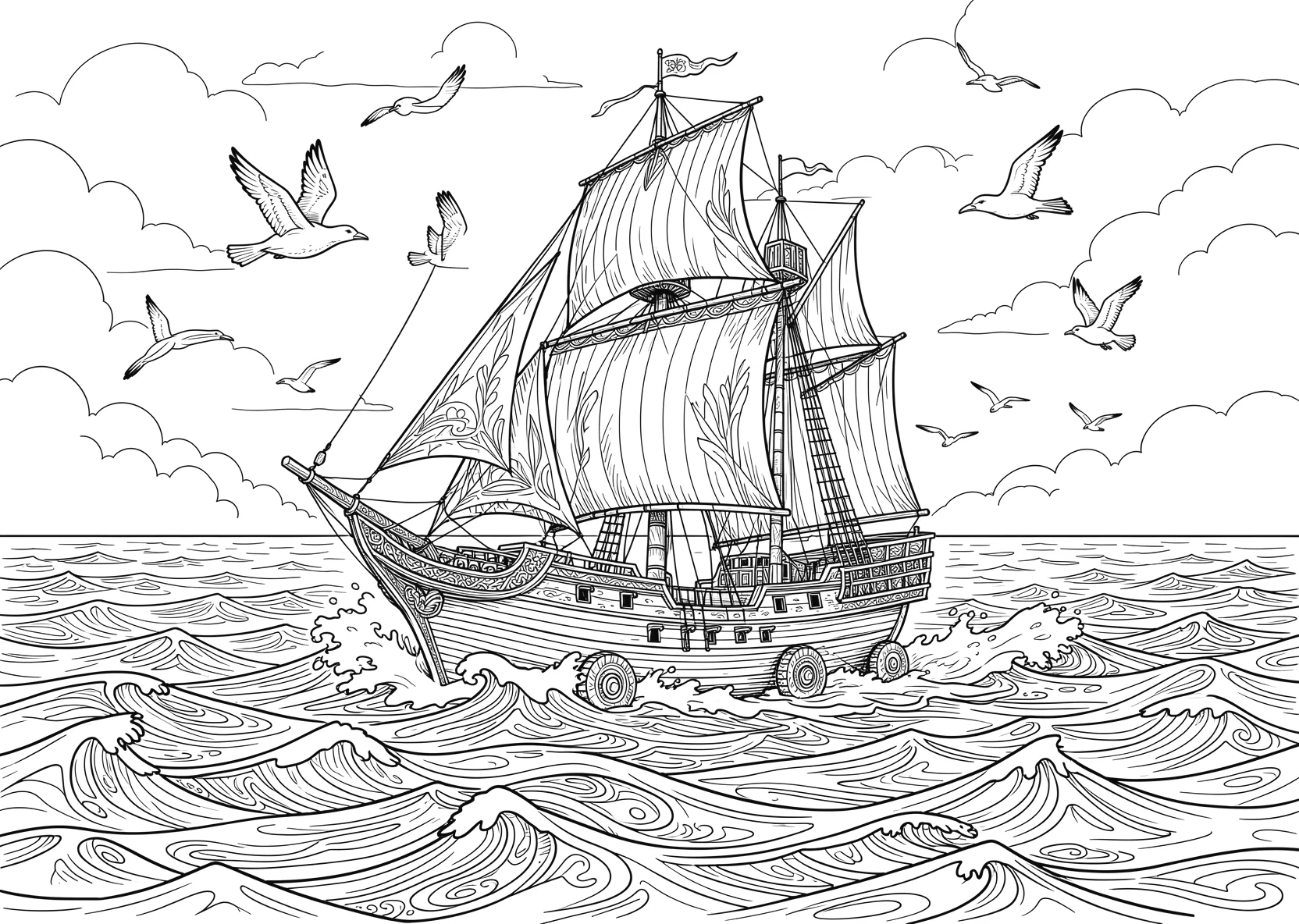 Ausmalbild Großes Segelschiff fährt über das Meer mit Wellen - Ausmalbild aus der Kategorie Fahrzeuge - kostenlos ausdrucken