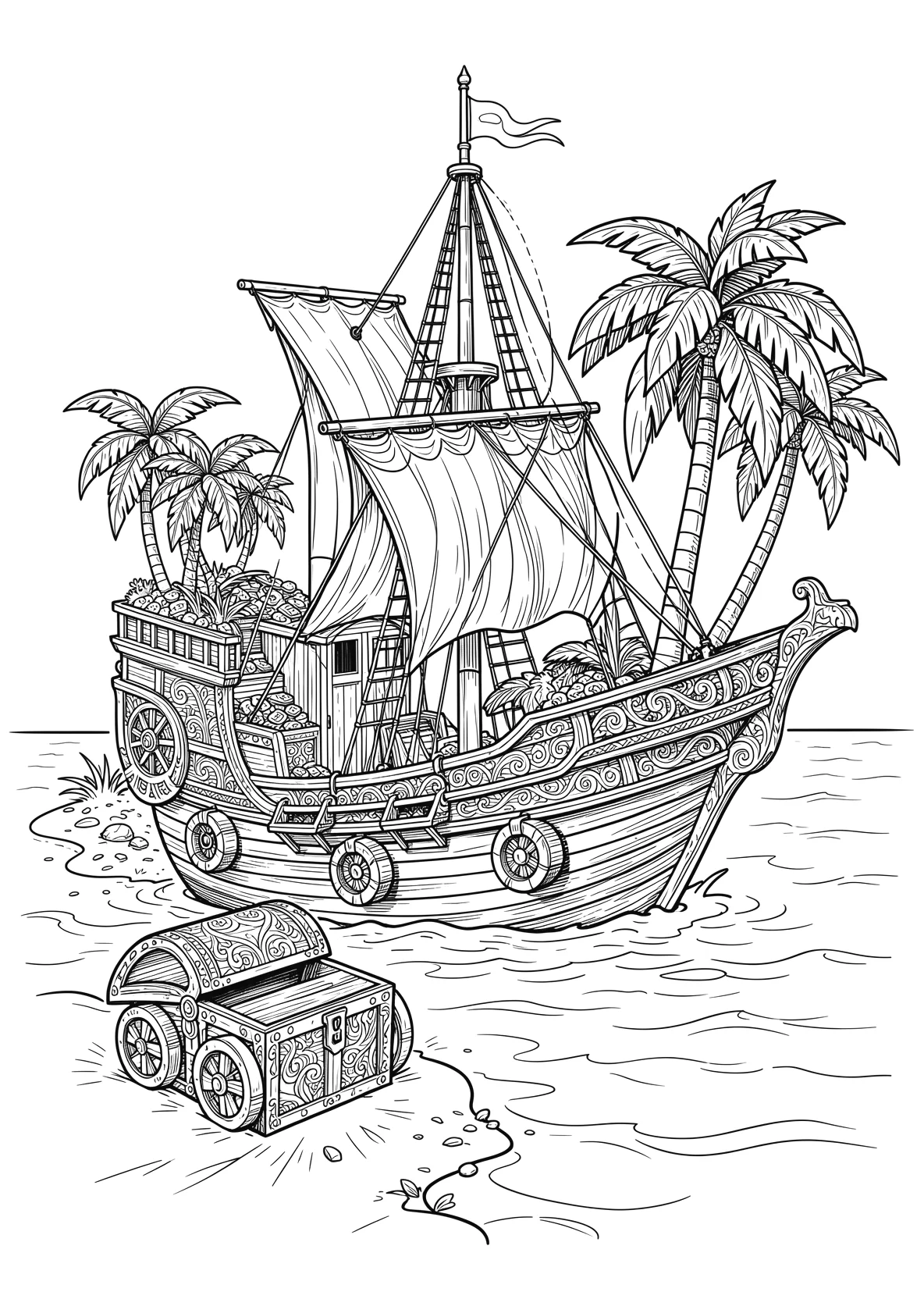 Ausmalbild Piratenschiff ankert vor einer kleinen Insel mit - Ausmalbild aus der Kategorie Maerchen - kostenlos ausdrucken