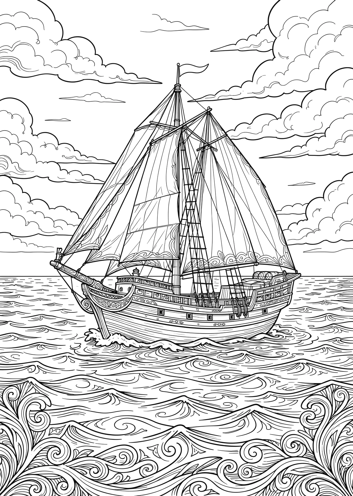 Ausmalbild Segelschiff fährt bei Sonnenuntergang über - Ausmalbild aus der Kategorie Fahrzeuge - kostenlos ausdrucken