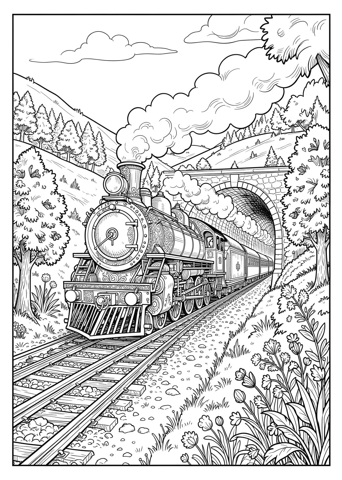 Ausmalbild Dampflokzug fährt durch eine Landschaft mit Tunnel - Ausmalbild aus der Kategorie Fahrzeuge - kostenlos ausdrucken