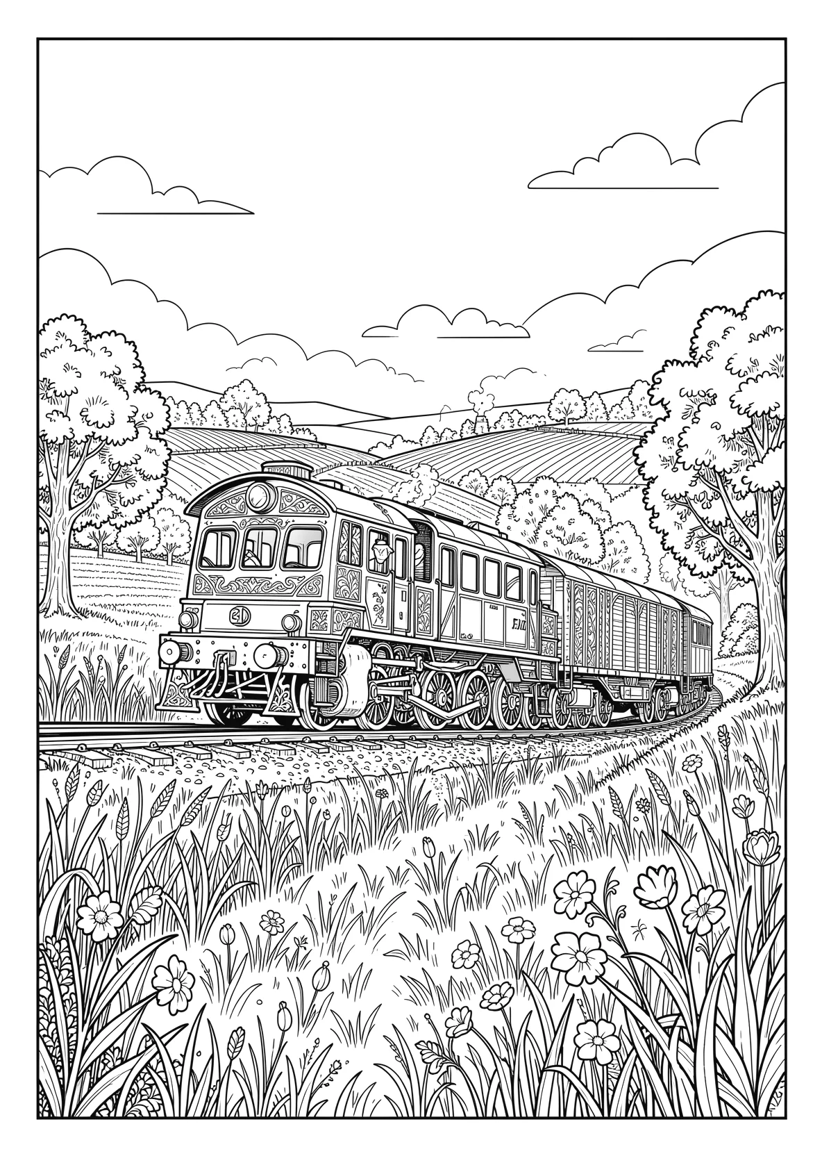 Ausmalbild Güterzug fährt durch eine Landschaft mit Feldern - Ausmalbild aus der Kategorie Fahrzeuge - kostenlos ausdrucken