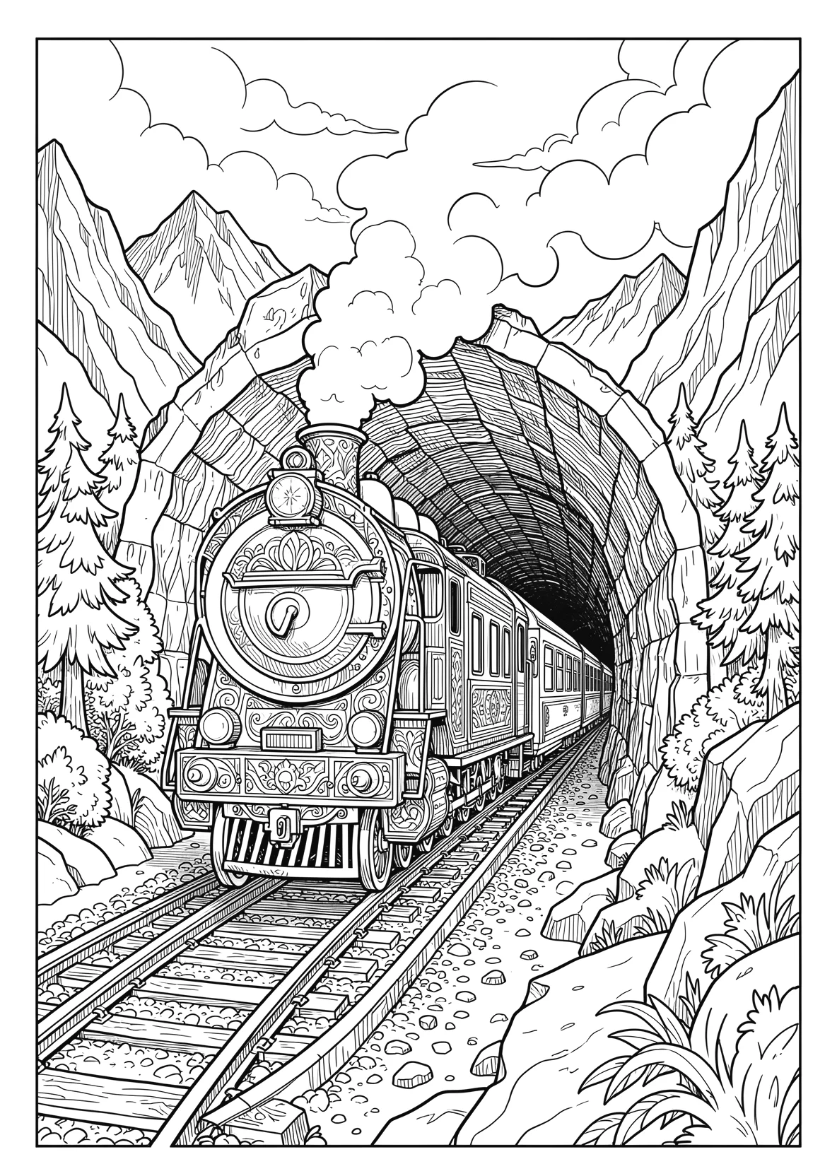 Ausmalbild Zug fährt durch einen Tunnel in den Bergen mit - Ausmalbild aus der Kategorie Natur - kostenlos ausdrucken