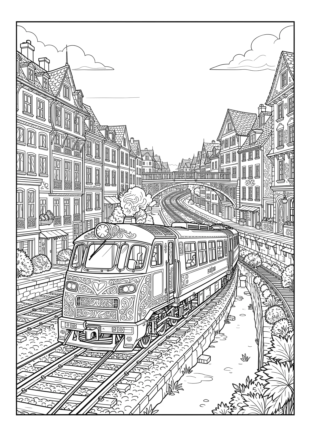 Ausmalbild Zug fährt durch eine Stadt mit Häusern - Ausmalbild aus der Kategorie Fahrzeuge - kostenlos ausdrucken