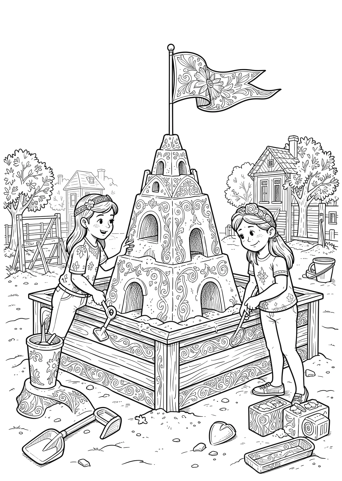 Ausmalbild Kinder bauen eine große Sandburg im Sandkasten - Ausmalbild aus der Kategorie Sport - kostenlos ausdrucken