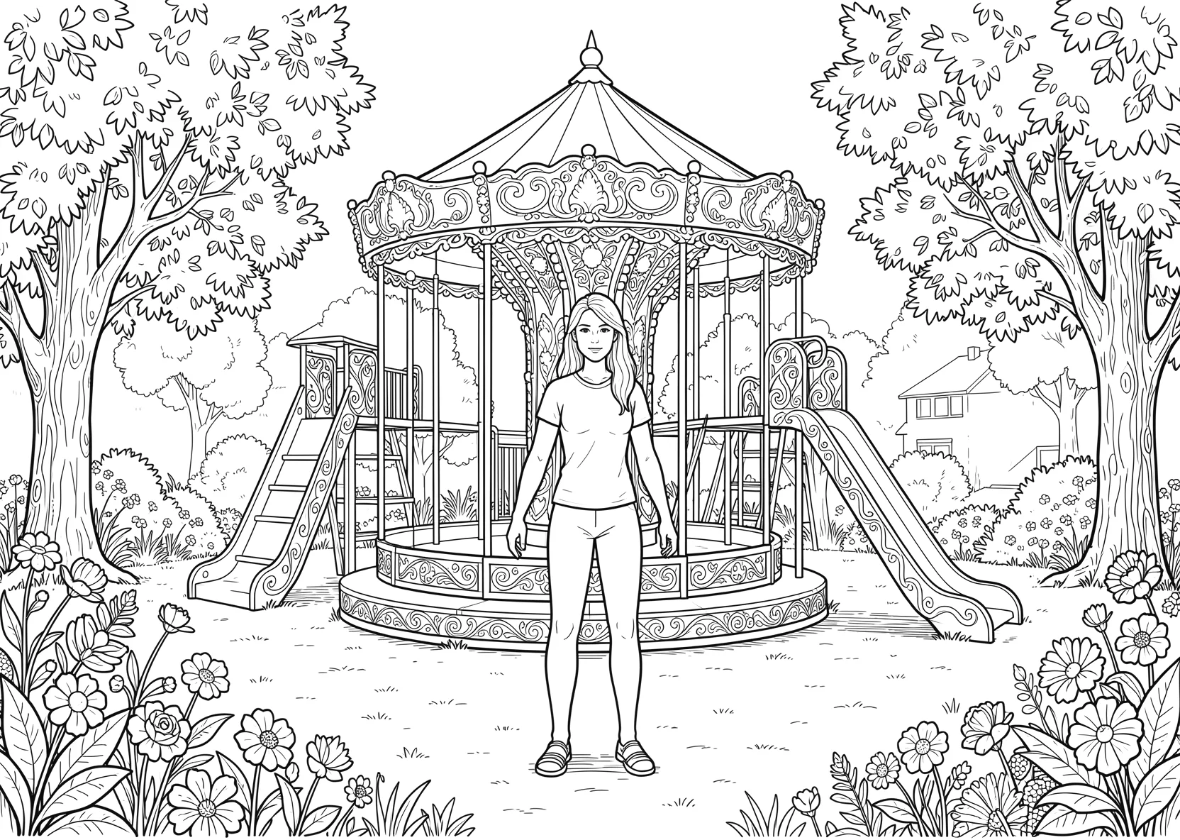 Ausmalbild Spielplatz mit Karussell - Ausmalbild aus der Kategorie Berufe - kostenlos ausdrucken