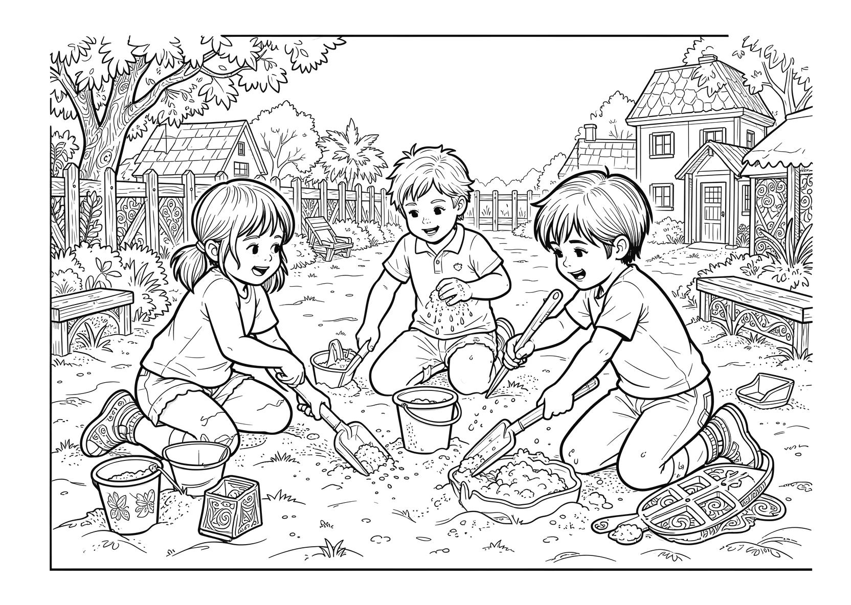 Ausmalbild Kinder spielen im Sand mit Förmchen - Ausmalbild aus der Kategorie Natur - kostenlos ausdrucken