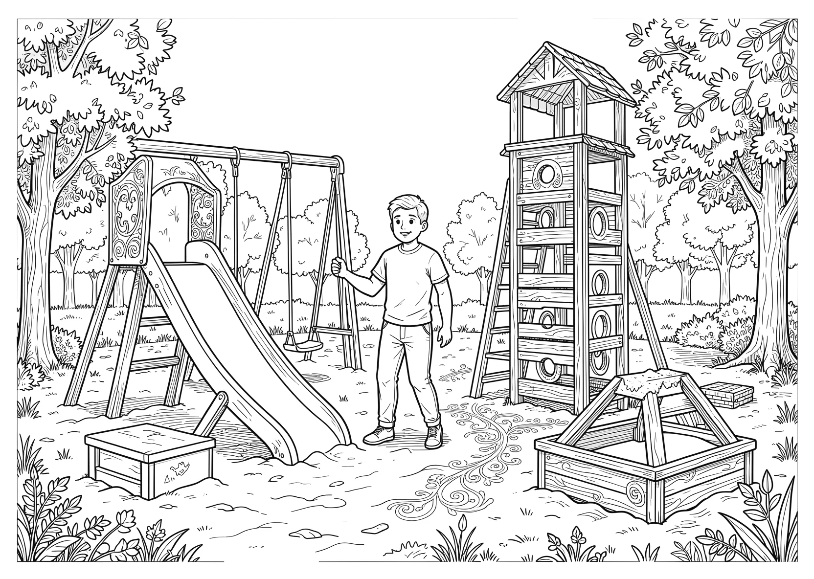 Ausmalbild Großer Spielplatz mit Rutsche - Ausmalbild aus der Kategorie Maerchen - kostenlos ausdrucken