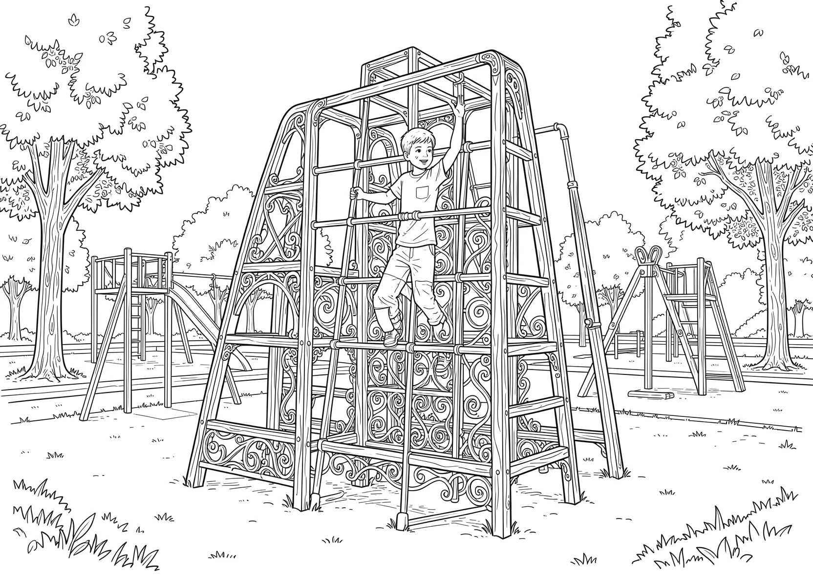 Ausmalbild Kinder klettern auf einem Klettergerüst auf einem - Ausmalbild aus der Kategorie Sport - kostenlos ausdrucken