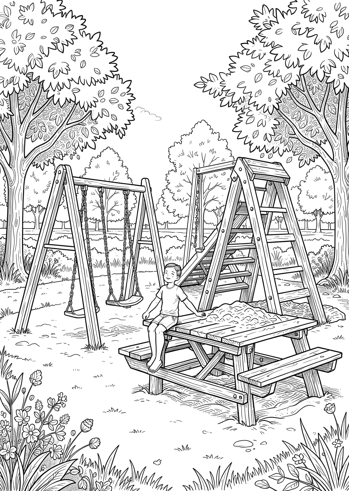 Ausmalbild Spielplatz mit Schaukel - Ausmalbild aus der Kategorie Sport - kostenlos ausdrucken