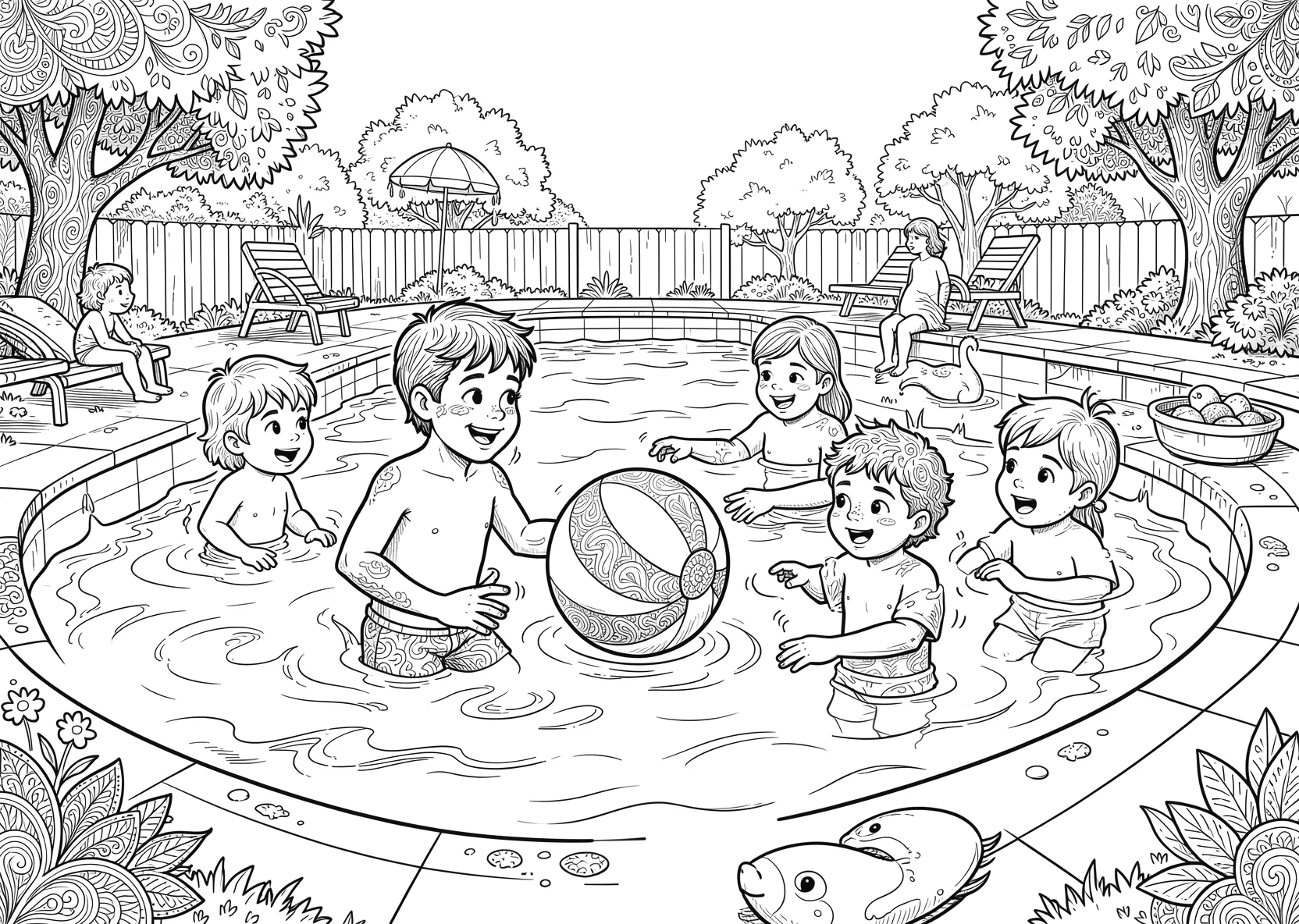 Ausmalbild Kinder spielen mit einem Wasserball im Schwimmbad - Ausmalbild aus der Kategorie Sport - kostenlos ausdrucken
