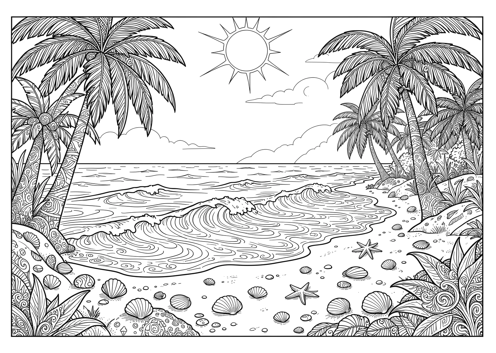 Ausmalbild Strand mit Palmen, Muscheln, Wellen und Sonne - Ausmalbild aus der Kategorie Natur - kostenlos ausdrucken