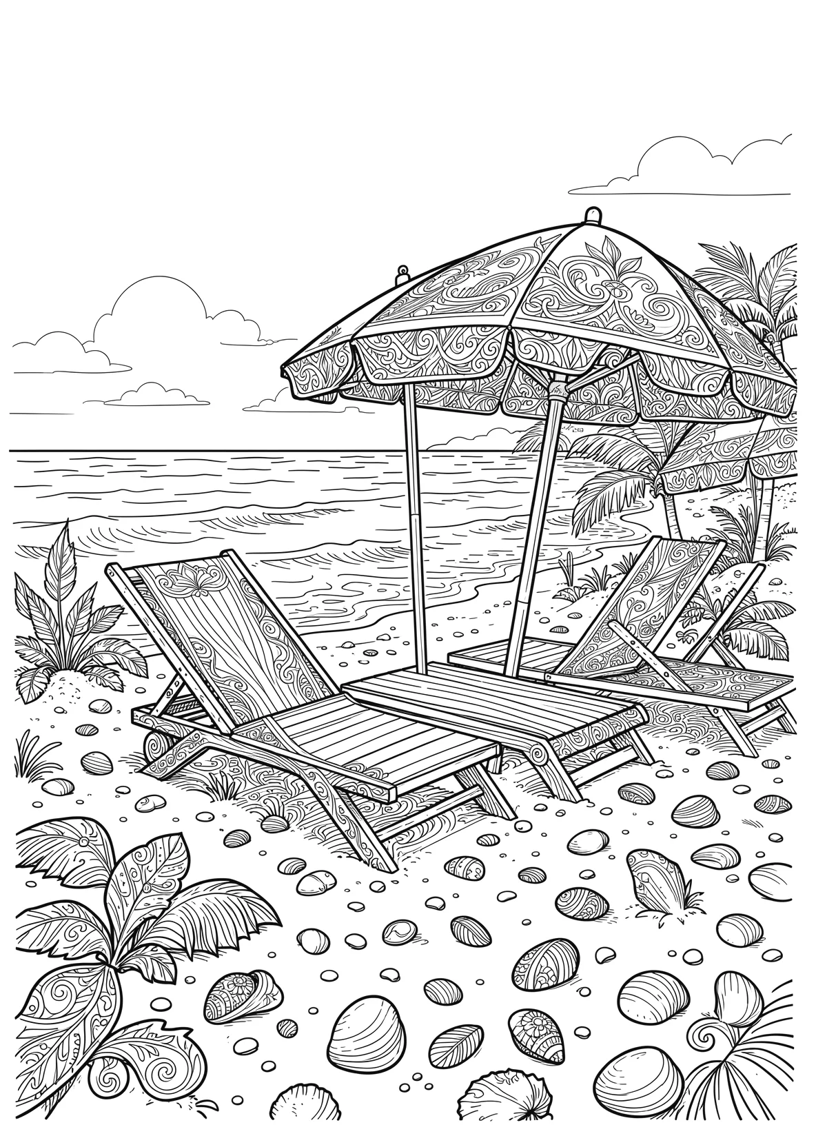 Ausmalbild Strand mit Liegestühlen - Ausmalbild aus der Kategorie Natur - kostenlos ausdrucken