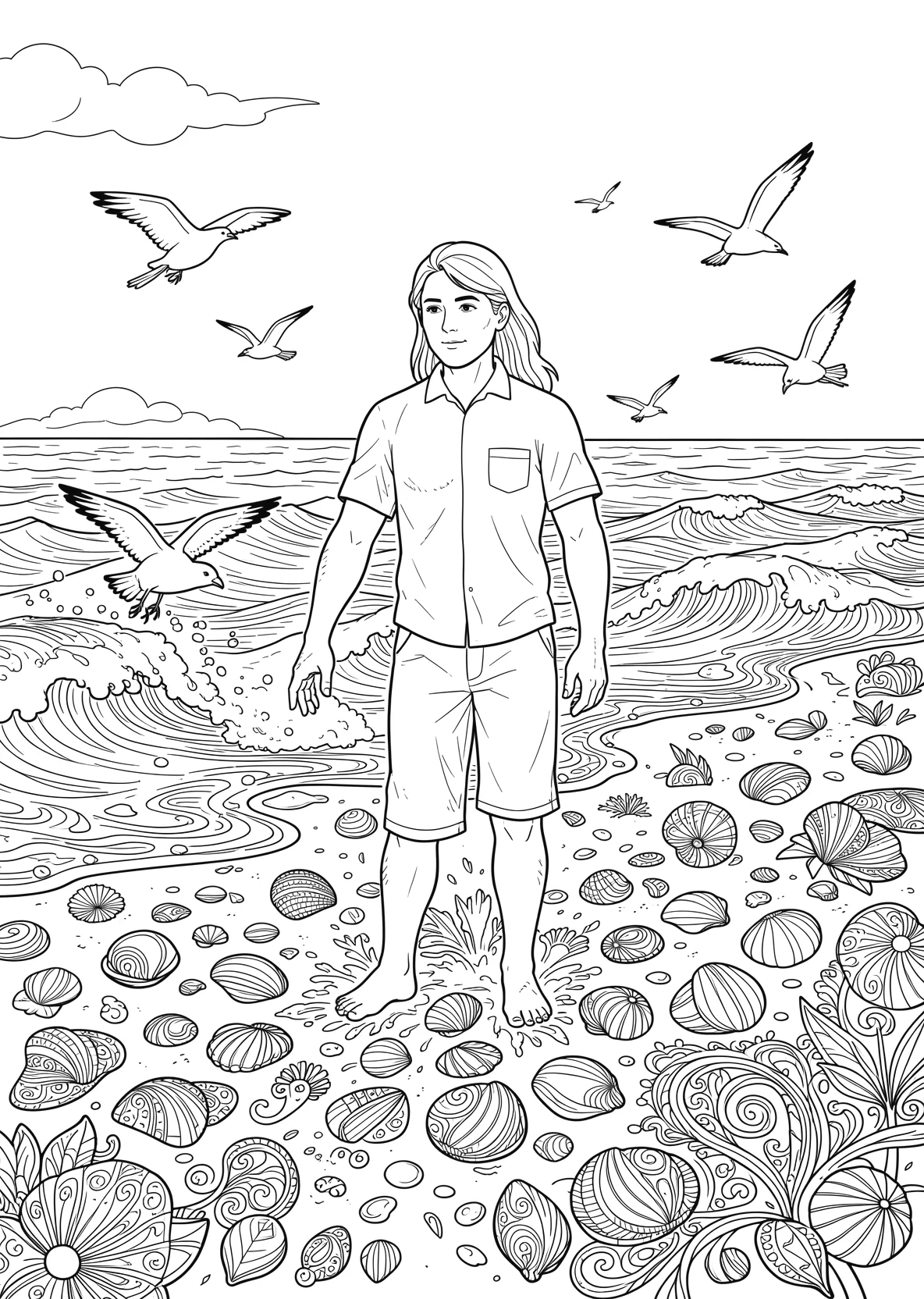 Ausmalbild Kinder sammeln Muscheln am Strand mit Wellen - Ausmalbild aus der Kategorie Natur - kostenlos ausdrucken