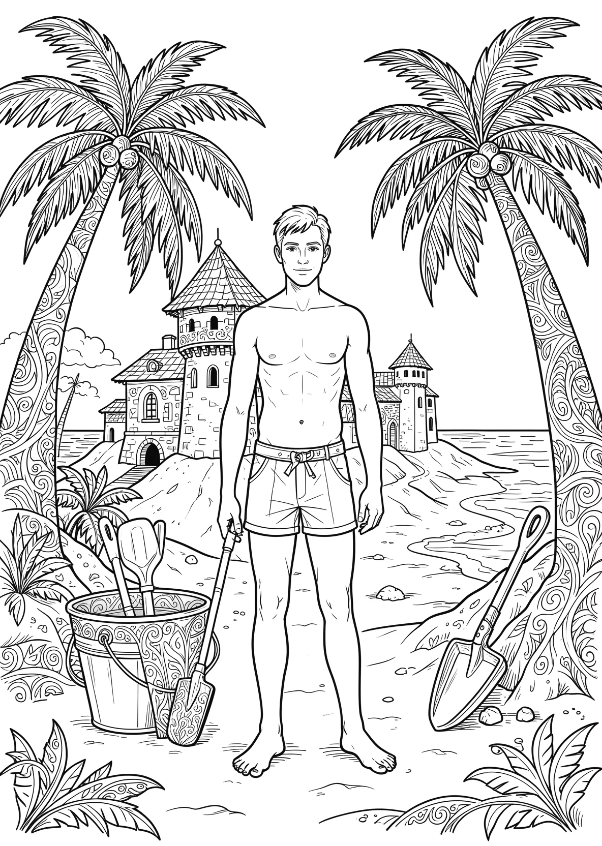 Ausmalbild Strand mit Sandburg - Ausmalbild aus der Kategorie Natur - kostenlos ausdrucken