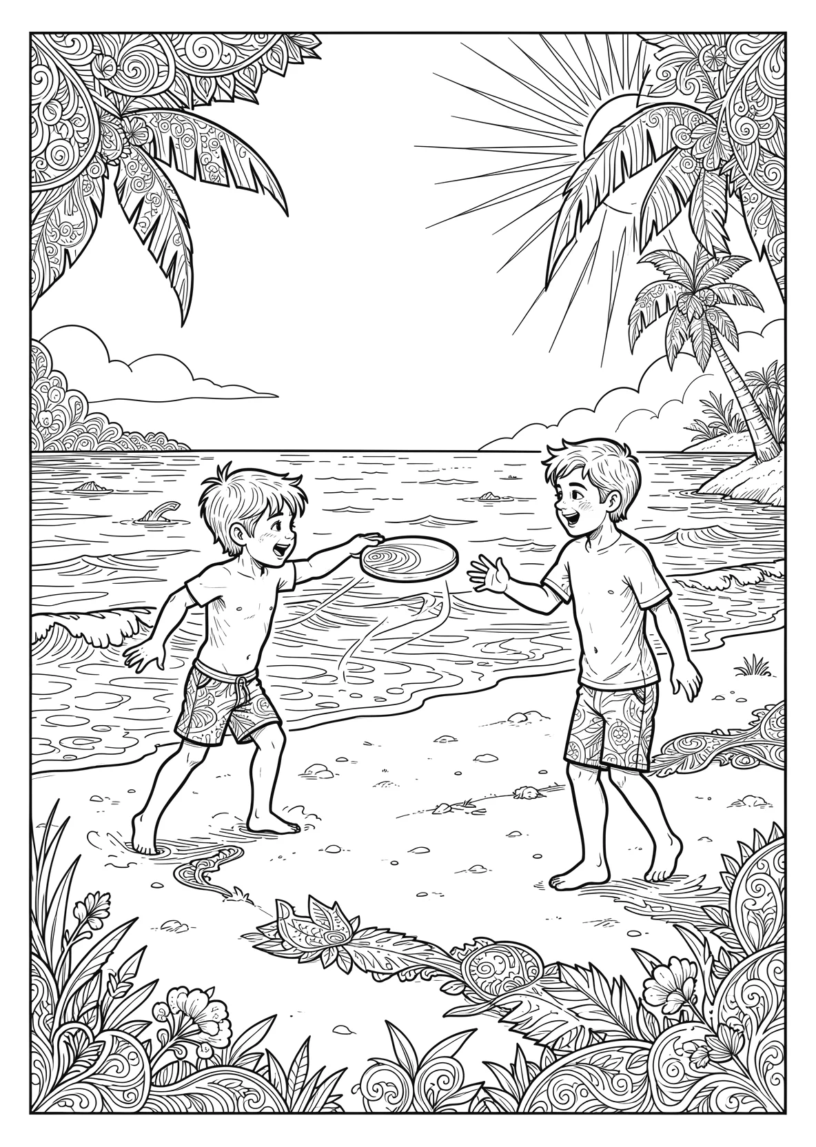 Ausmalbild Kinder spielen Frisbee am Strand mit Meer - Ausmalbild aus der Kategorie Natur - kostenlos ausdrucken
