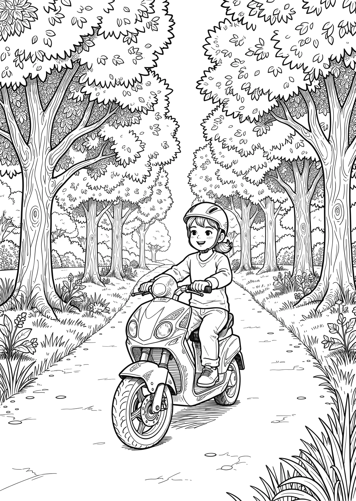 Ausmalbild Kinder fahren Roller auf einem Weg im Park mit - Ausmalbild aus der Kategorie Fahrzeuge - kostenlos ausdrucken