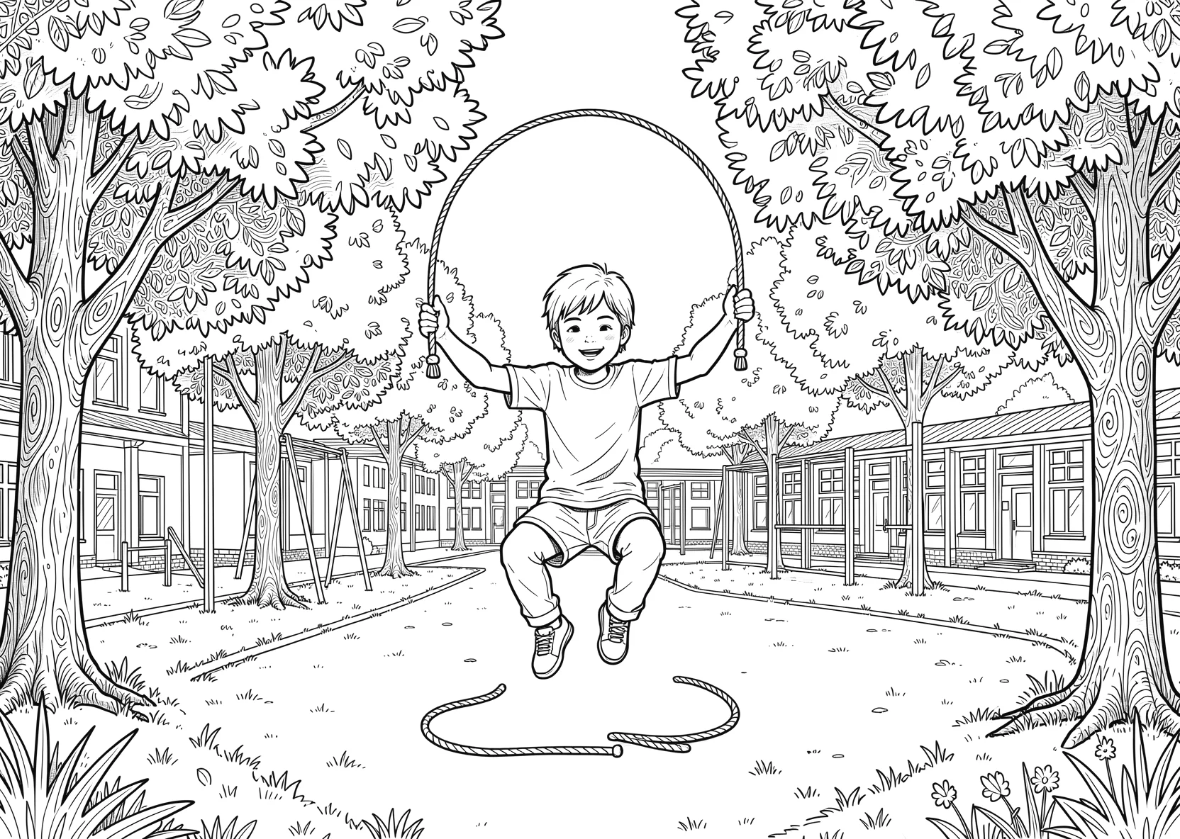 Ausmalbild Kinder springen Seil auf einem Schulhof mit Bäumen - Ausmalbild aus der Kategorie Sport - kostenlos ausdrucken